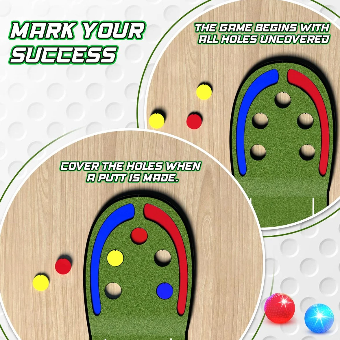 TERRAMUS - Tapete de Golf Mejorado para niños, Green de 2,3 m con Hoyos iluminados con LED, Bolas Brillantes, 2 Palos, Juego de Golf de Juguete, tapete de Golf para Interior y Exterior