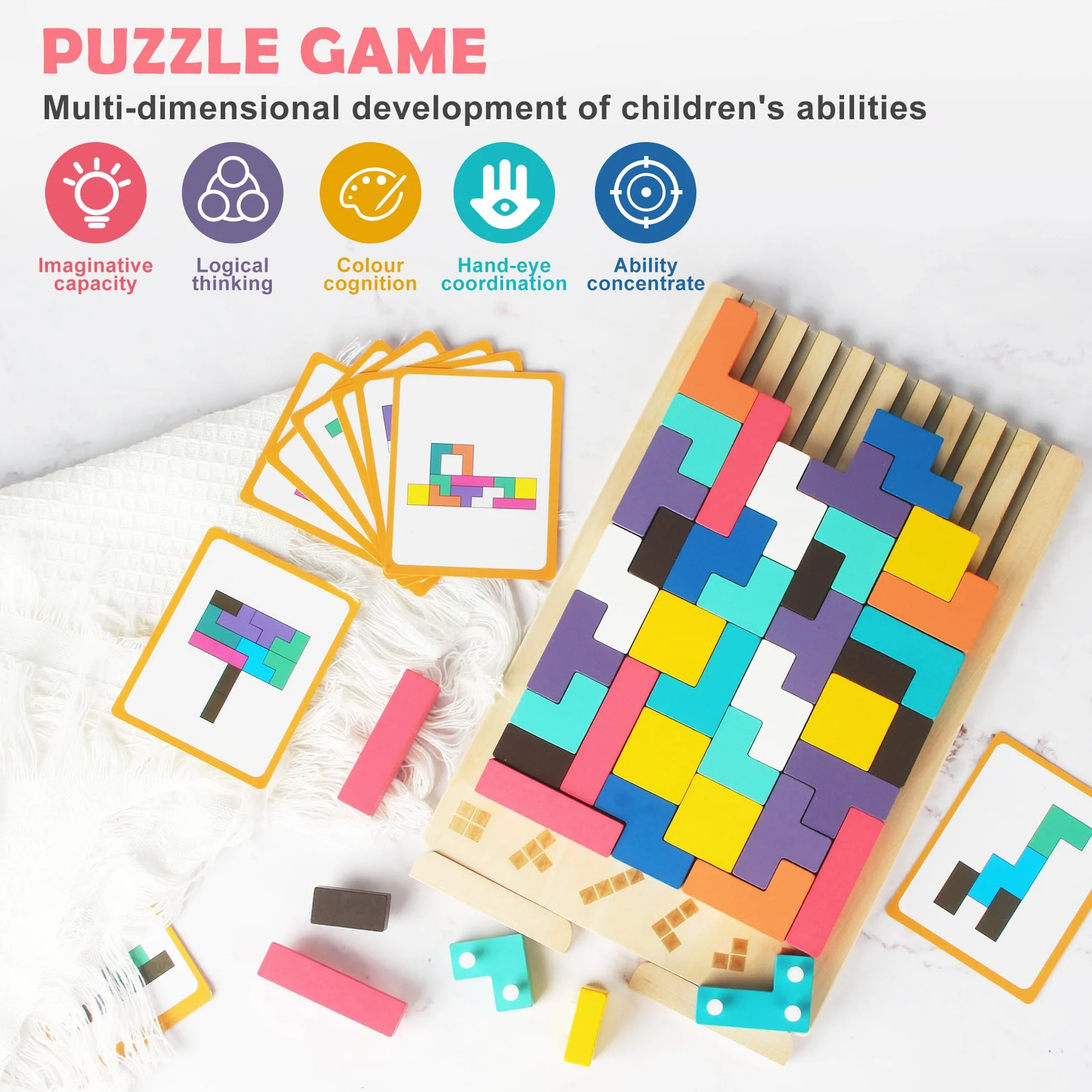Rompecabezas 3D de Madera Tetris, Rompecabezas niños, Juegos Montessori 3 4 5 6 Años, Juego Tetris Madera, Inteligencia Jigsaw, Cerebro Juguete, Regalos para Niños