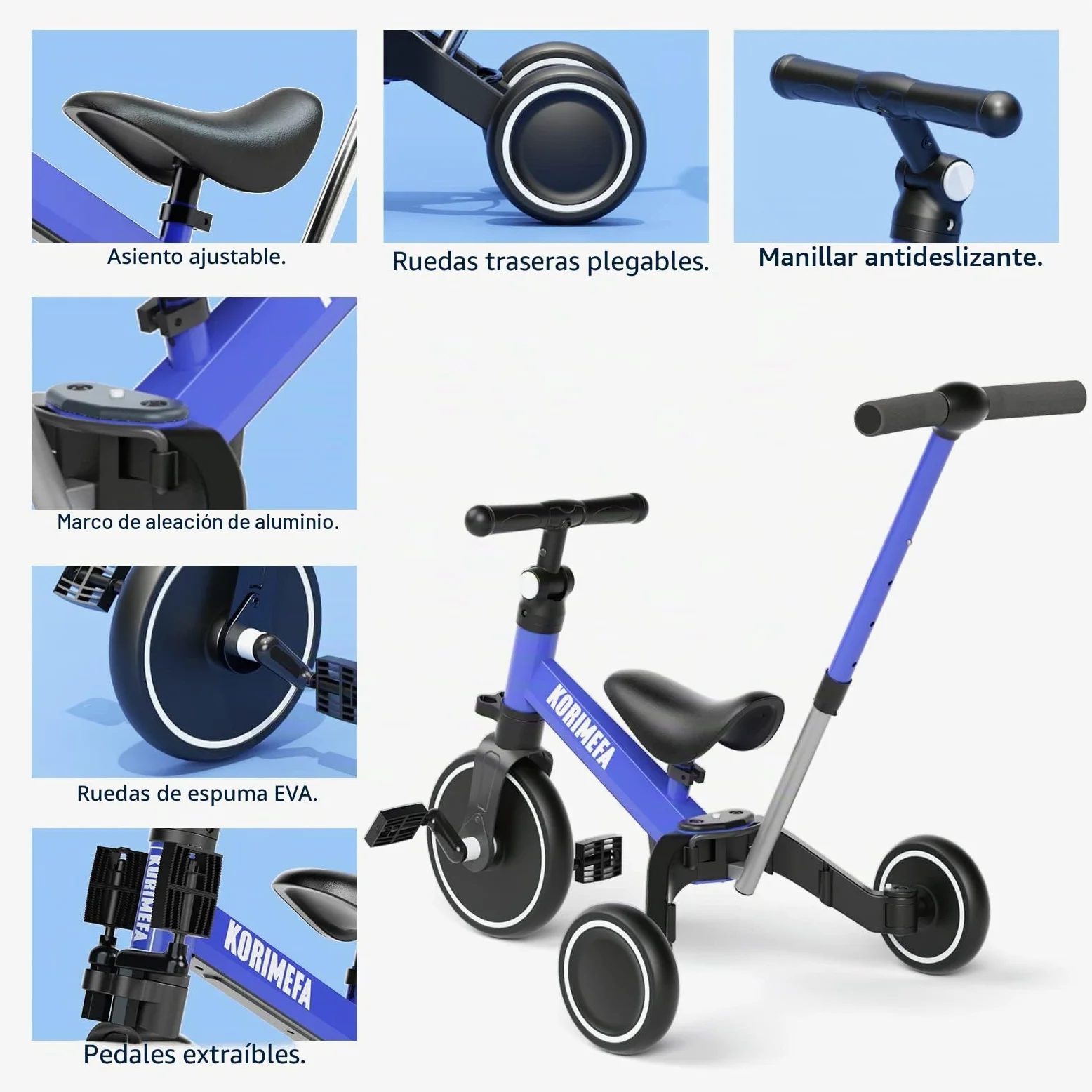 KORIMEFA Triciclos para Niños, 4 en 1 Una Bici Multifunción, Adecuado para niños de 1-3 años,Triciclo,Bicicleta,Carro de Equilibrio,Caminante, Altura del Asiento Regulable (Azul(con Mango))