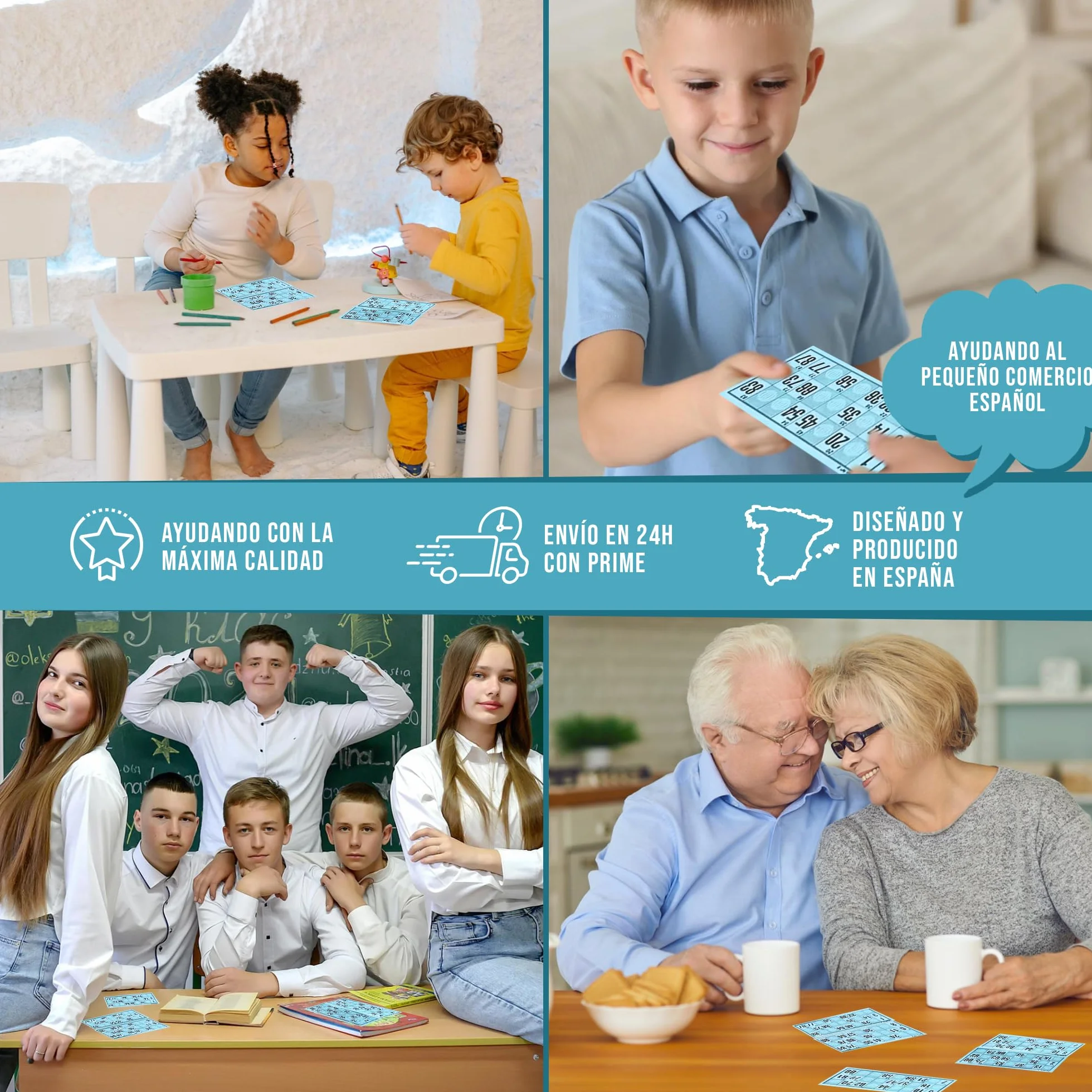 Cartones de Bingo Troquelados Reutilizables 90 Bolas – Serie Completa Numerada, Juego Tradicional para Eventos (Azul)