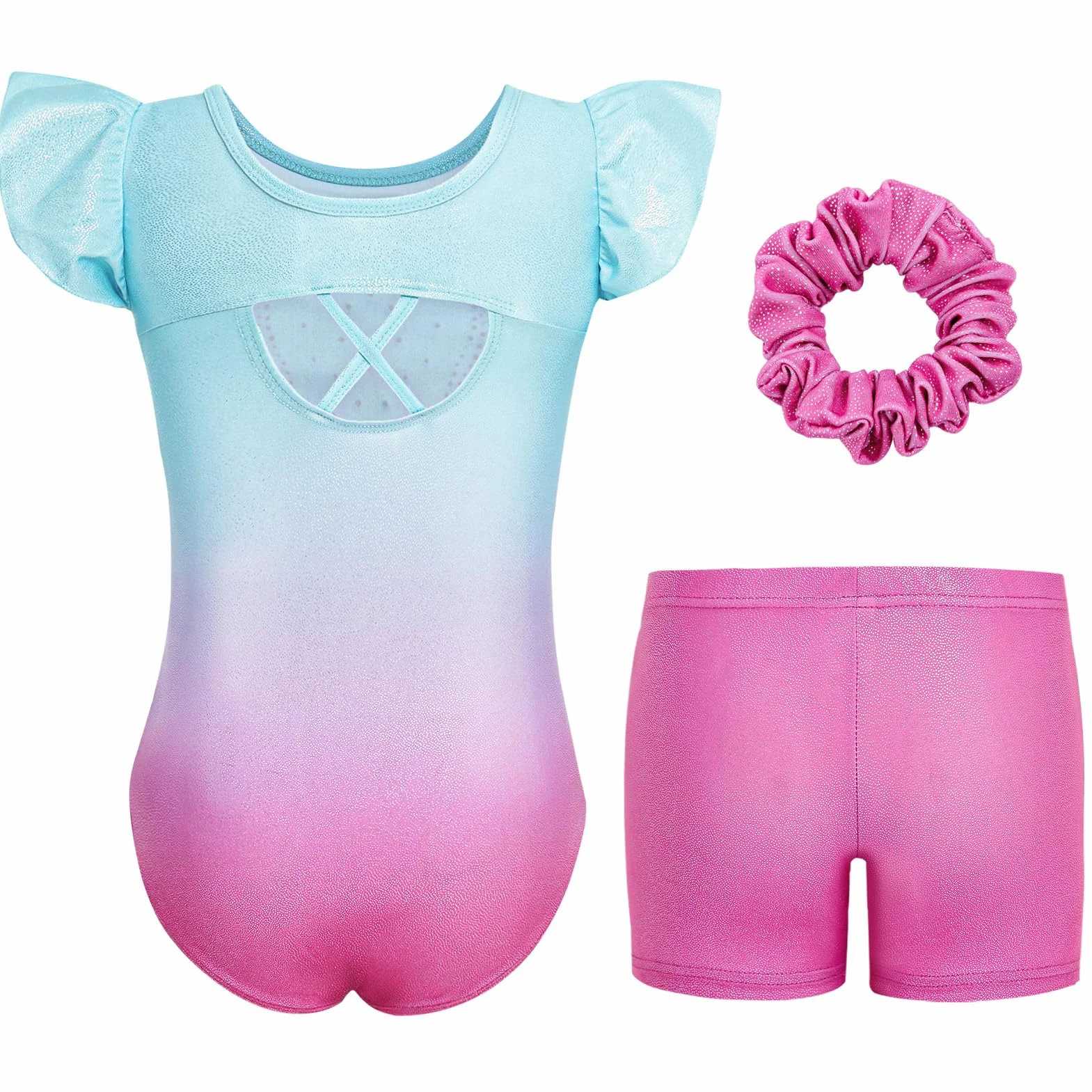 Gogokids Conjunto de gimnasia de 3 piezas para niñas, leotardos con lentejuelas degradadas y purpurina