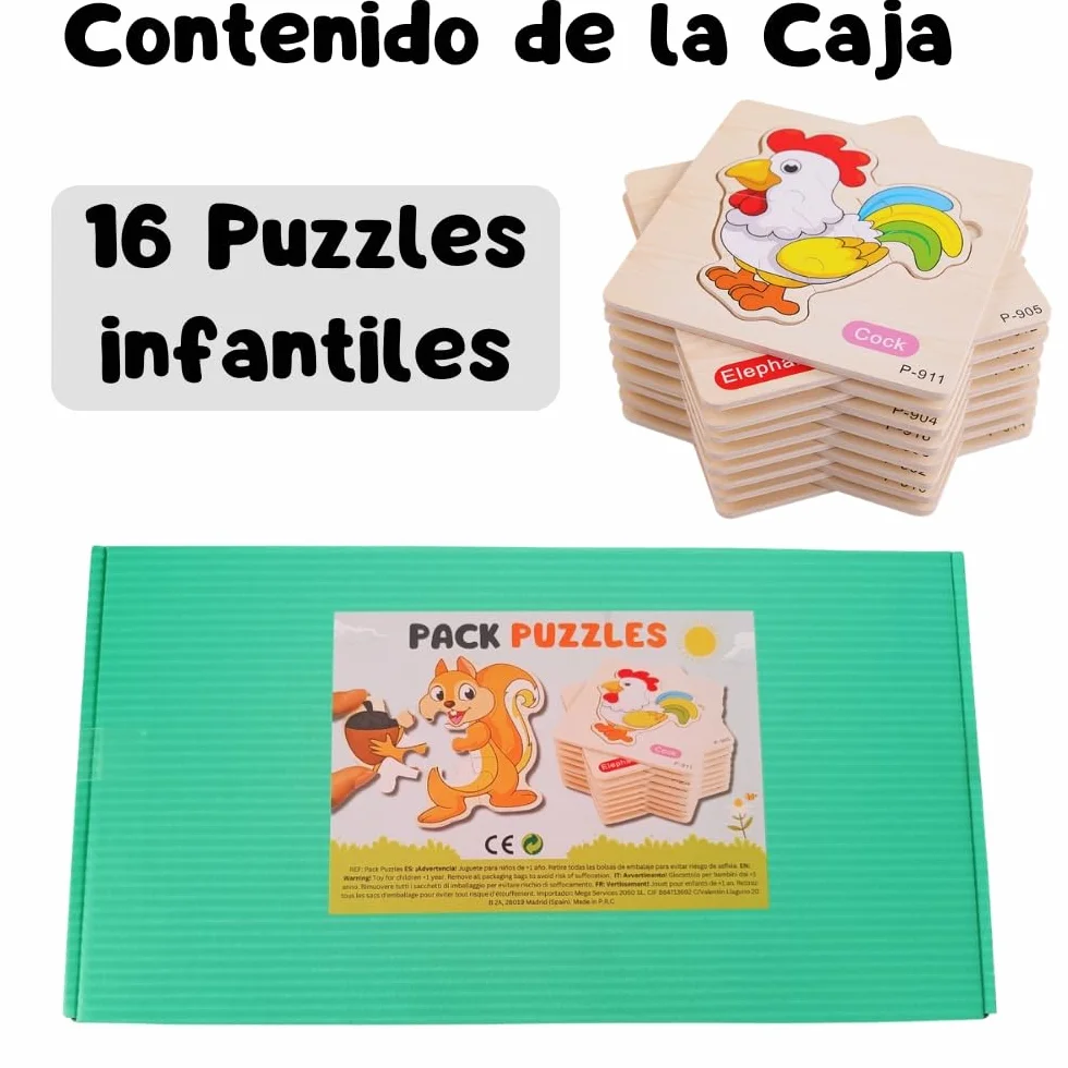 Puzzle Madera Niños 1 2 3 años Juguetes Montessori Educativos Animales 16 PCS