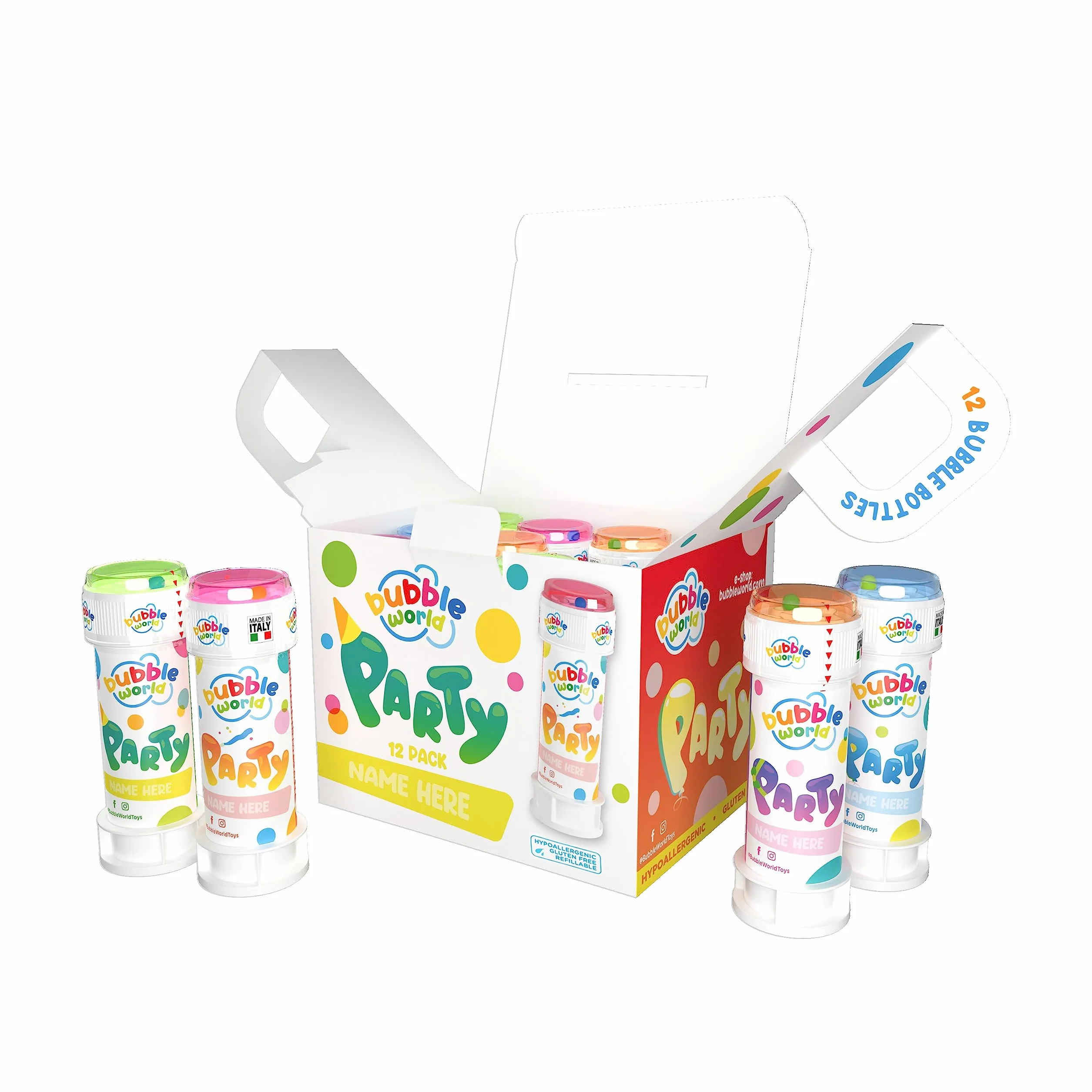 Bubble World Party Pack - 12 tubos 60 ml burbujas de jabón, a partir de 3 años