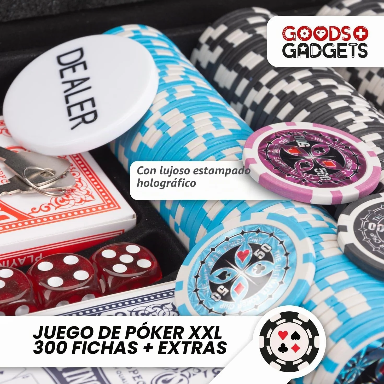 GOODS+GADGETS Maletín de Póquer con 300 a 500 Fichas, Baraja de Cartas, Dados y Botón del Crupier - Maleta de Aluminio con Cerradura (Negro, 300 Fichas)