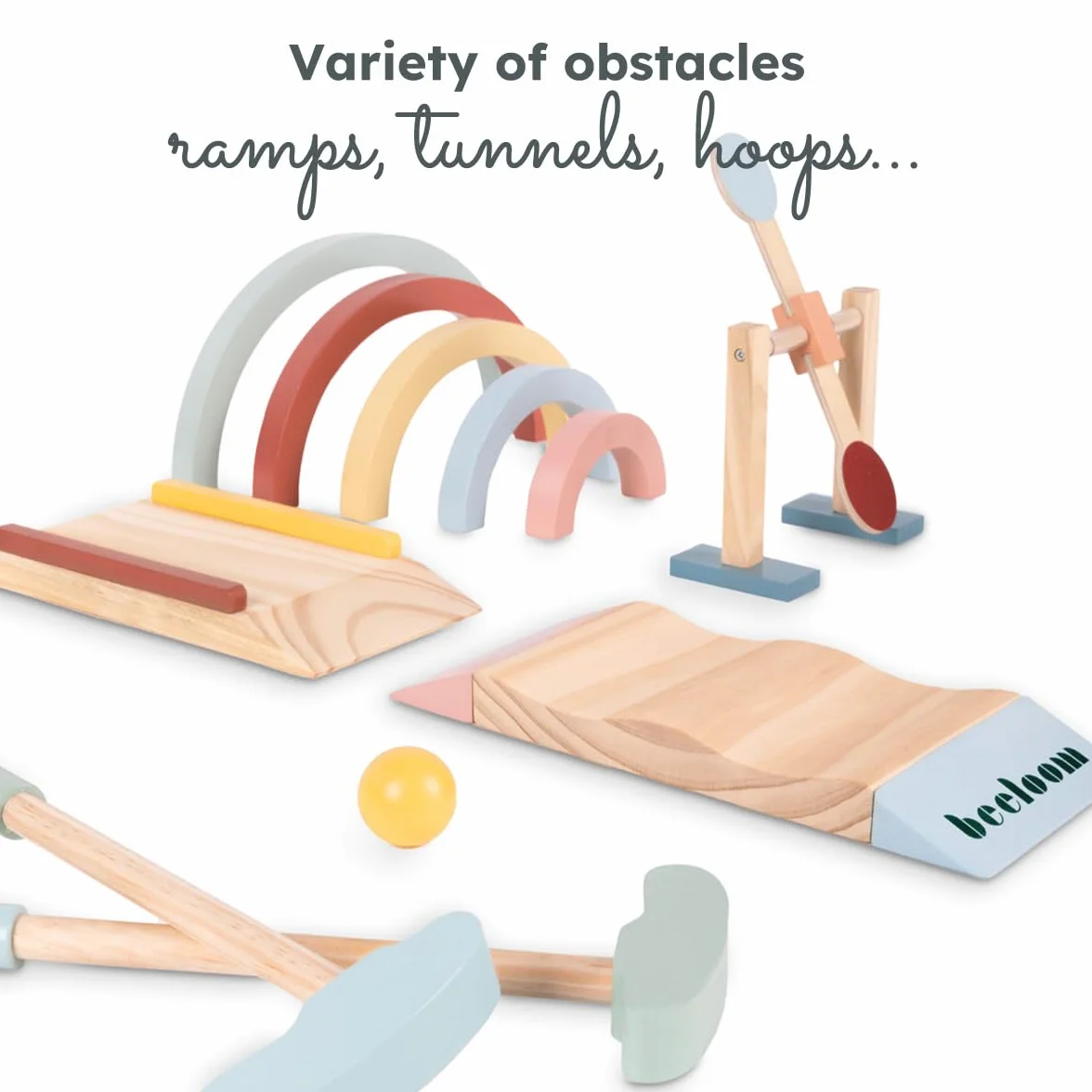Beeloom – Mini Golf de Madera para Niños, Juego Educativo con Palos, Bolas y Obstáculos, Portátil para Interior y Exterior, Juguete Simbólico Multicolor, +3 Años