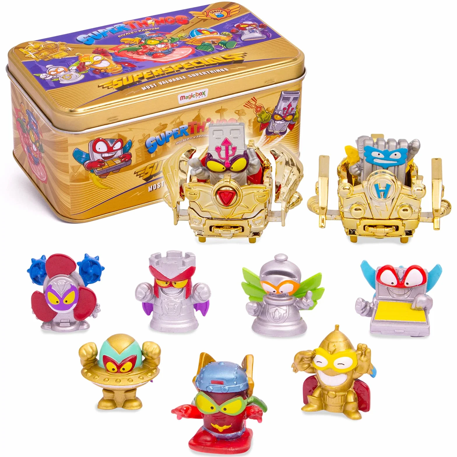 SUPERTHINGS Lata Gold Serie 5, Incluye el ultrararo (Kid Fury), los 2 líderes Dorados, los 6 capitanes Plateados y los 2 Aerowagons Dorados