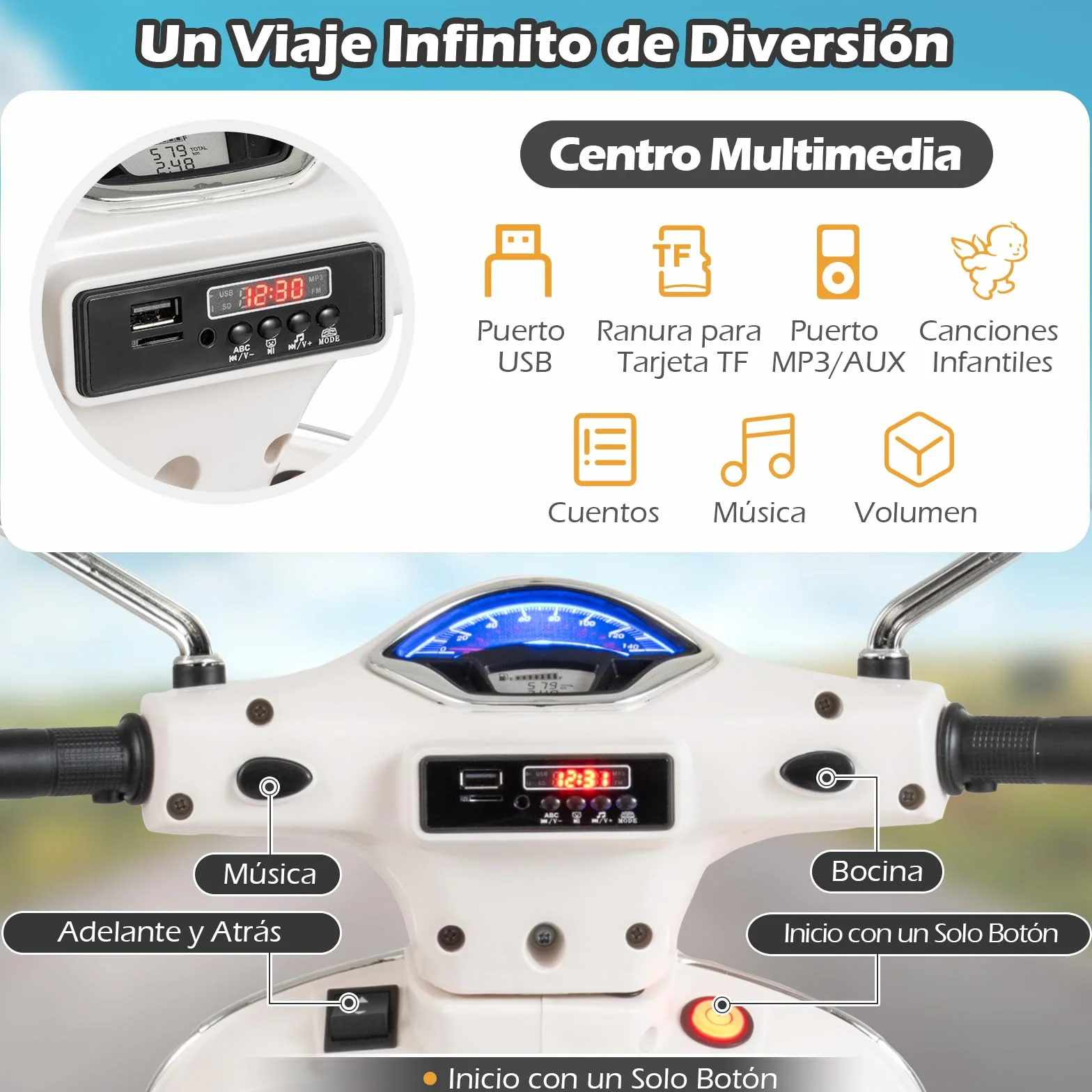 COSTWAY Moto Eléctrica para Niños Vespa 12V, 4 Ruedas, Música, Bocina, Faros, Motocicleta Infantil con Motor Doble, 3-6 Años