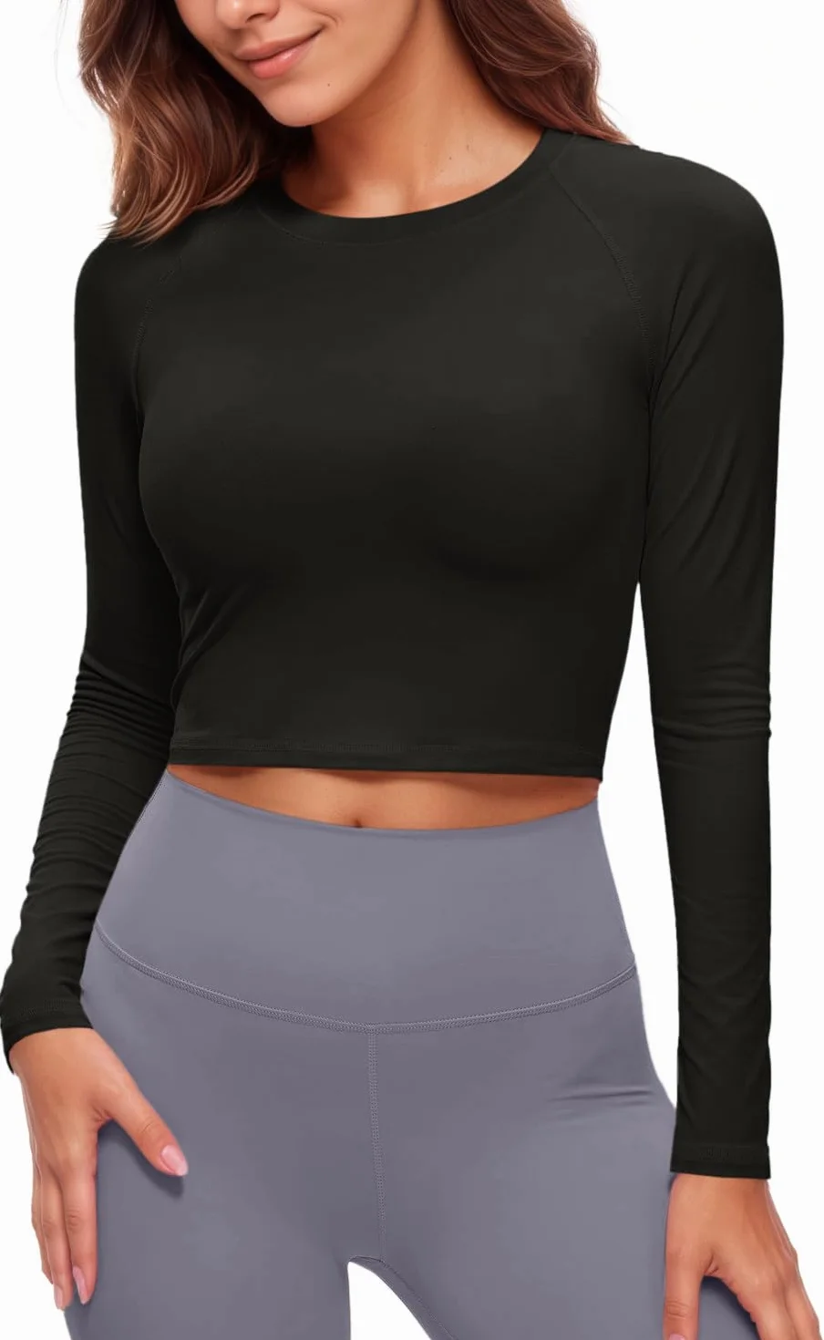 Fisoew Camiseta deportiva mujer UPF 50+ protección solar manga larga cuello redondo yoga entrenamiento crop transpirable ajustada