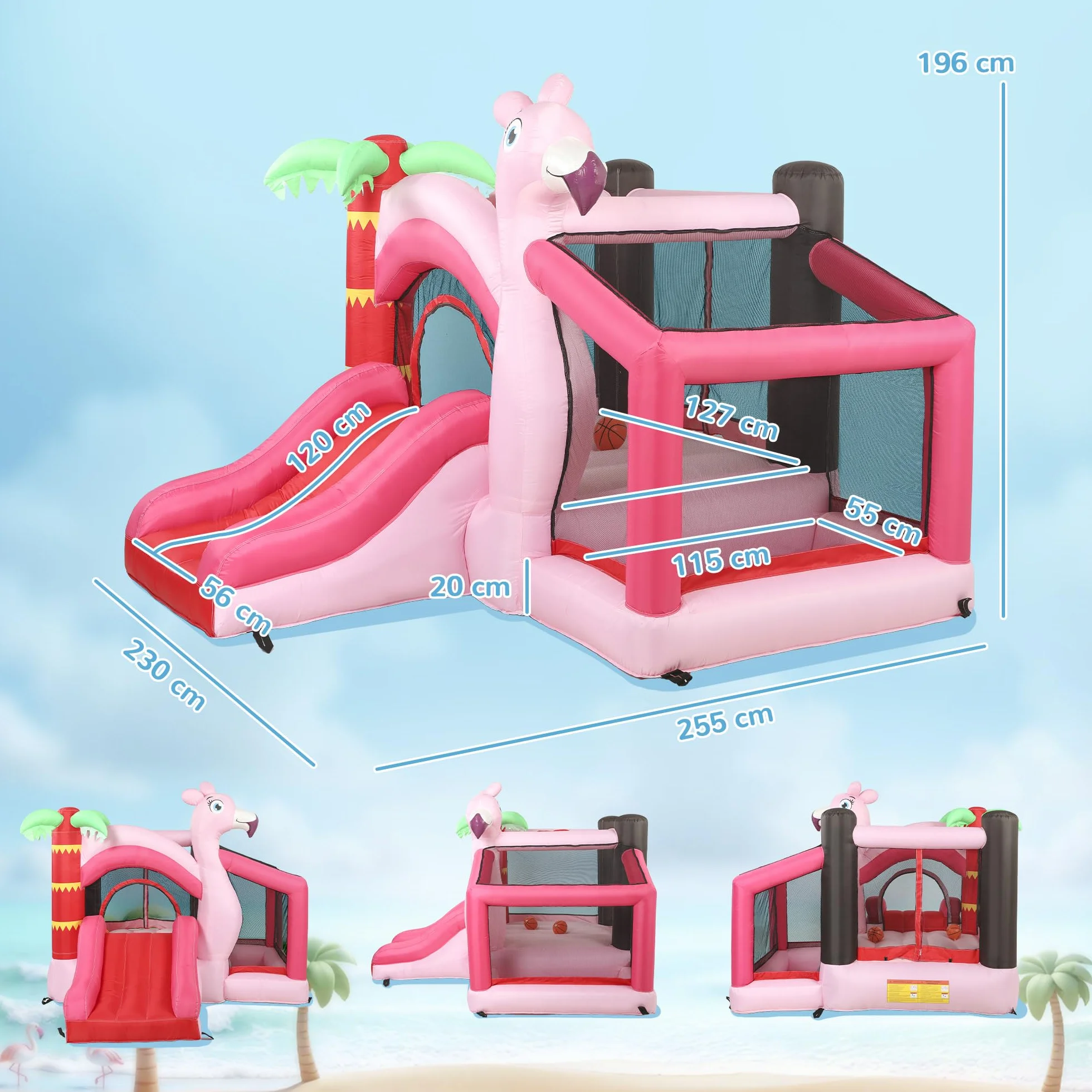 AIYAPLAY Castillo Hinchable para Niños con Soplador, Castillo Hinchable con Tobogán, Cama Elástica, Piscina de Pelotas, Canasta de Baloncesto, Diseño de Flamenco, Interior y Exterior, 255x230x196 cm