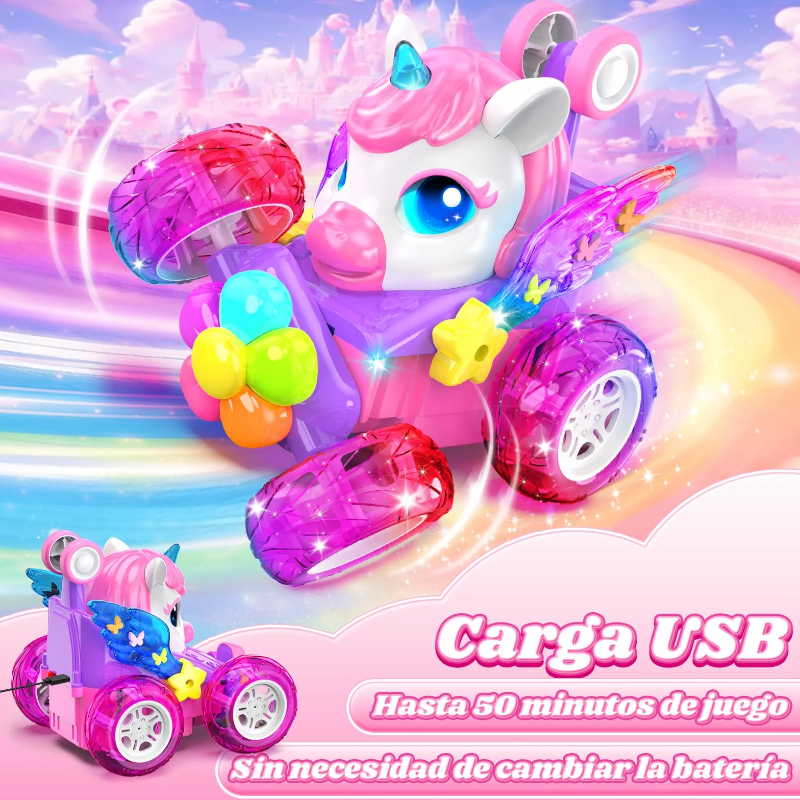 Unicornio Coche Teledirigido Niños 3-12 Años, 2,4Ghz RC Car Radiocontrol con Luce & 360° Rotación, Unicornio Juguete Regalo Niña 3-12 Años Juego Niña 3 4 5 6 7 8 9 10+ Años de Cumpleaños Navidad