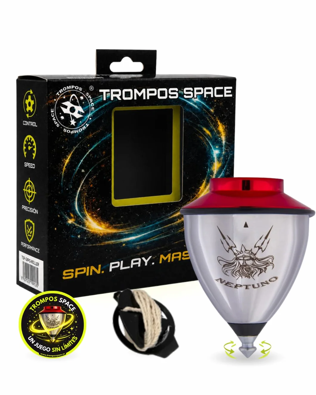 Trompo Profesional Neptuno Roller de Acero Inoxidable, Peonza con Punta Roller de Doble Rodamiento, Regulador de Vibraciones, Diseño para Trucos Avanzados, Incluye Cuerda, Rojo
