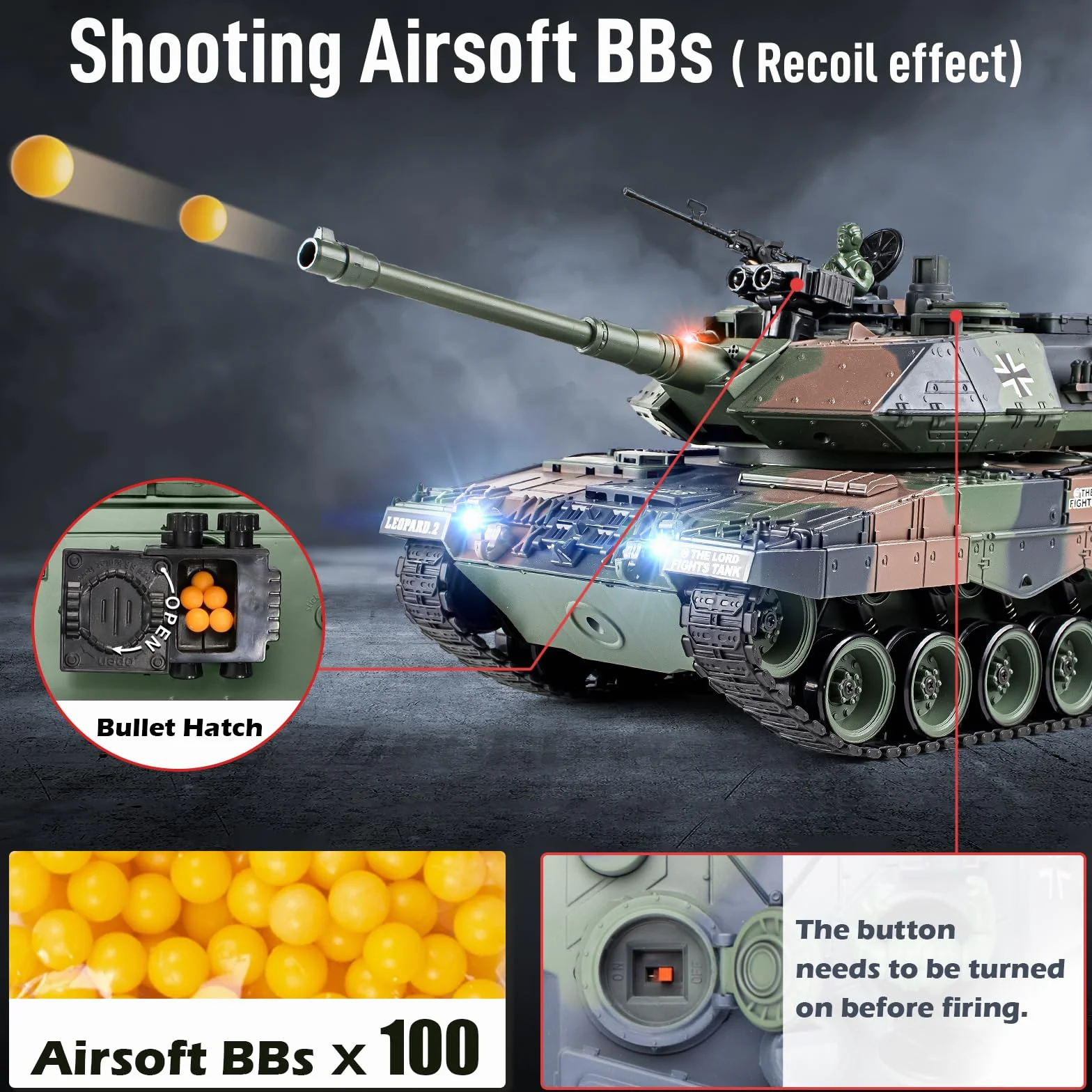 Supdex Tanque RC 1:18 Leopard II, con Luz, Humo y Sonido, Tanque de Juguete Militar a Control Que Dispara BBS y Bombas de Agua, Tanque Teledirigido Adulto y para Niños con Mando 2.4GHz