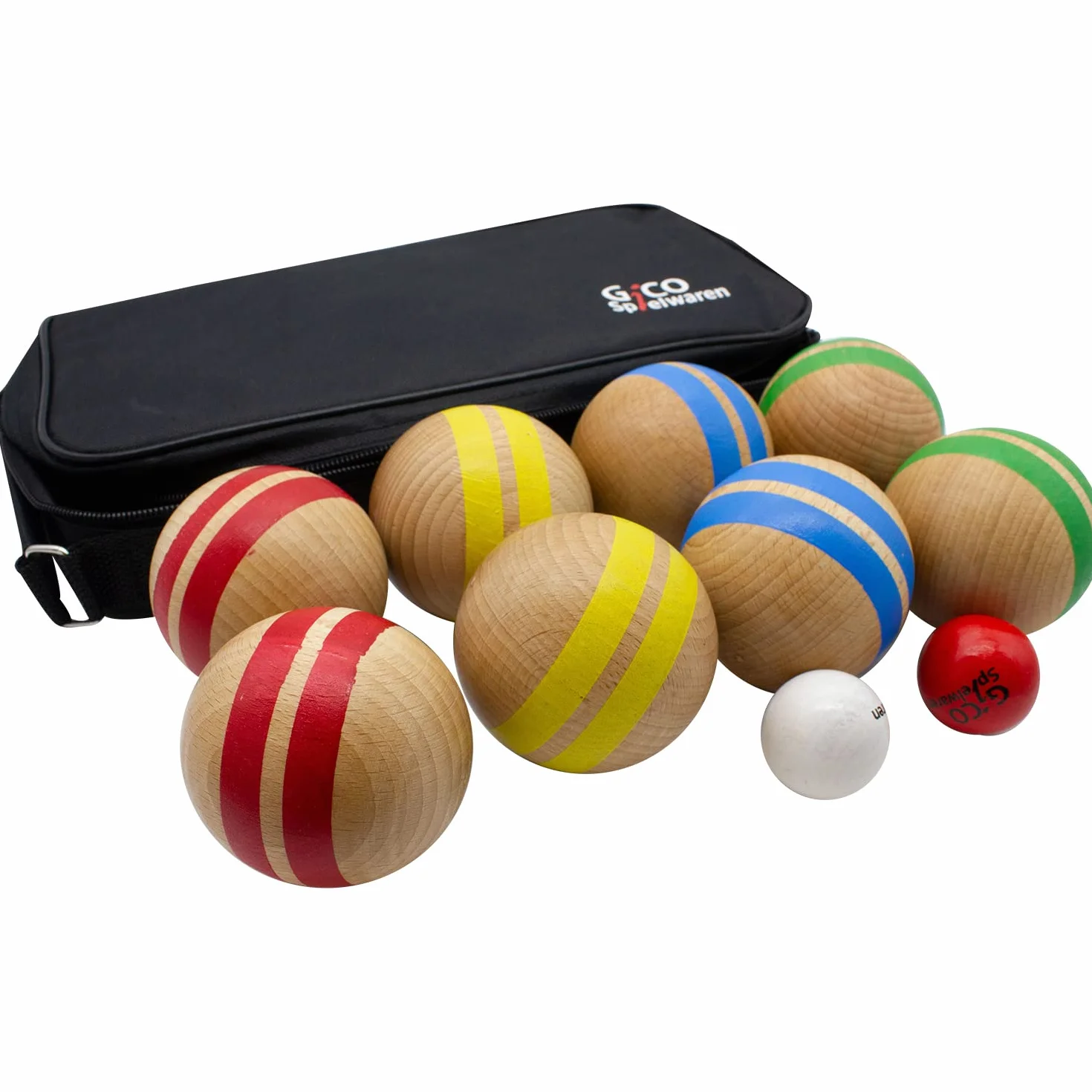 GICO Juego de petanca de madera maciza, a rayas con 8 bolas, diámetro 7 cm. Fabricado en la UE, juego de premios - 3021