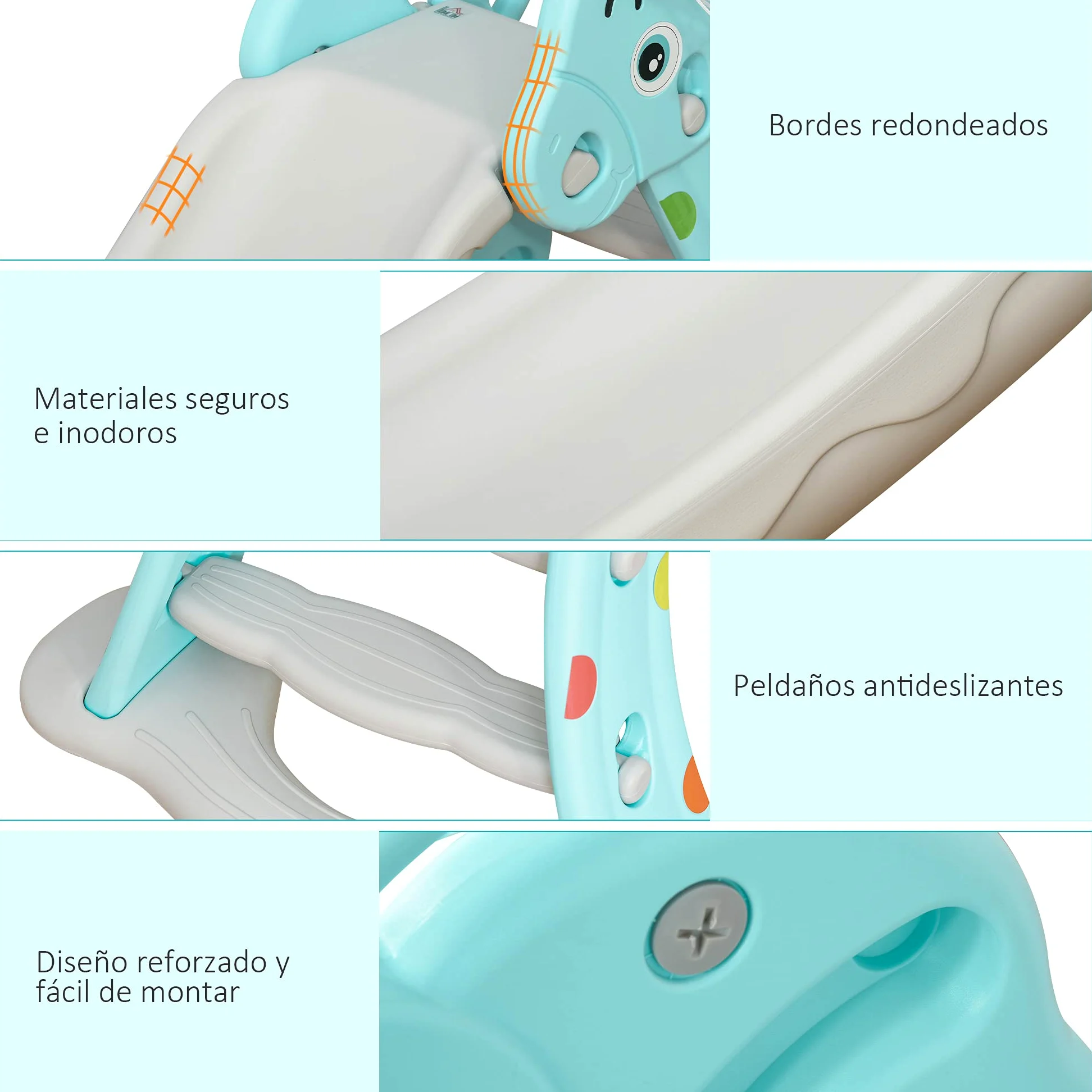 HOMCOM Tobogán para Niños +18 Meses Plegable 2 en 1 con Canasta de Baloncesto Modelo Jirafa Juguete Infantil para Interiores y Exteriores 147x82x85,5 cm Azul y Gris