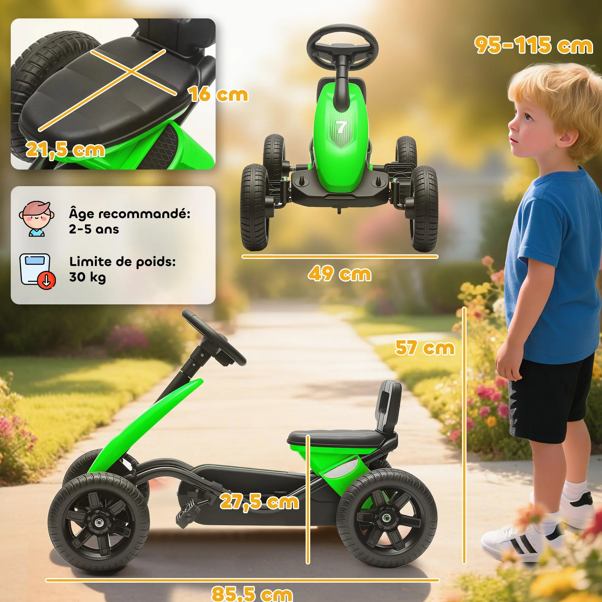 AIYAPLAY Kart a pedales para niños, go-Kart para niños con ruedas de EVA silenciosas, avanzar y retroceder, coche a pedales para niños de 2 a 5 años, color verde