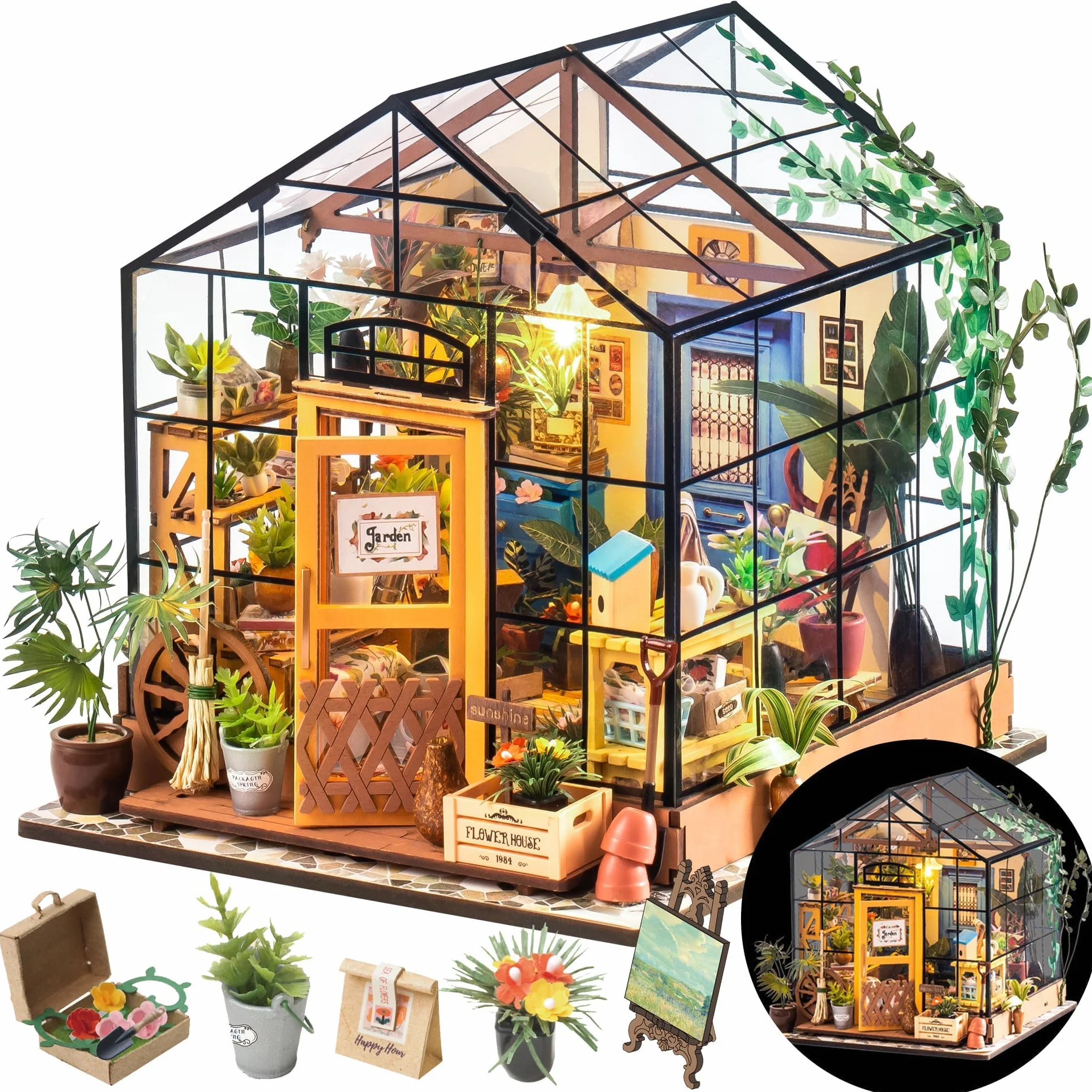ROWOOD Casa De Muñecas En Miniatura Invernadero con Luz | DIY Miniature House Maquetas para Montar Manualidades De Madera | Regalos De para Adultos, Mujeres, Niñas (Cathy's Flower House)