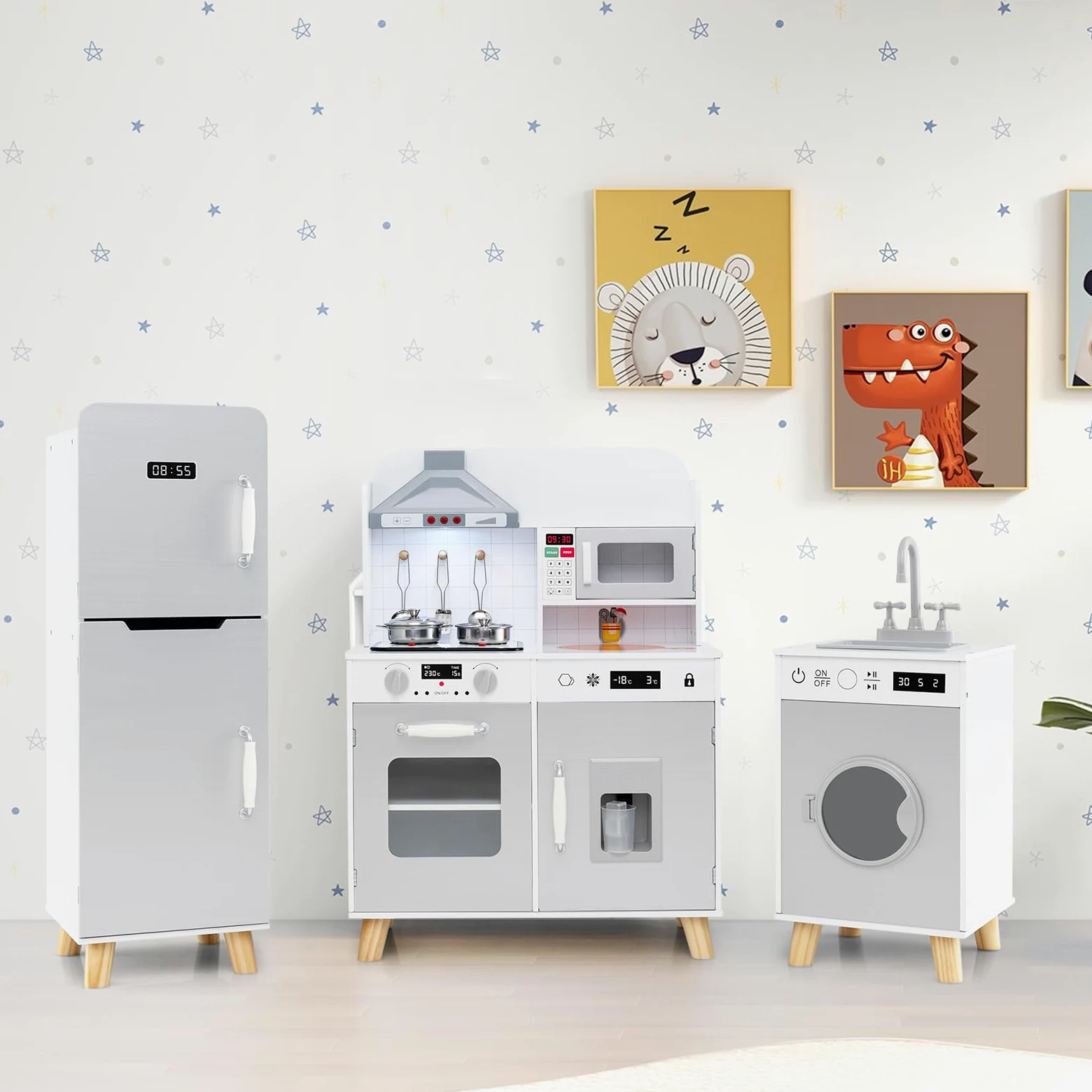 COSTWAY Cocina Juguete Infantil, Cocinita de Madera Infantil 3 en 1 con Refrigerador, Lavadora, Máquina de Hielo, Estufa, Fregadero, Horno, Microondas, Cocina Juguete con Luces y Sonidos (Gris)