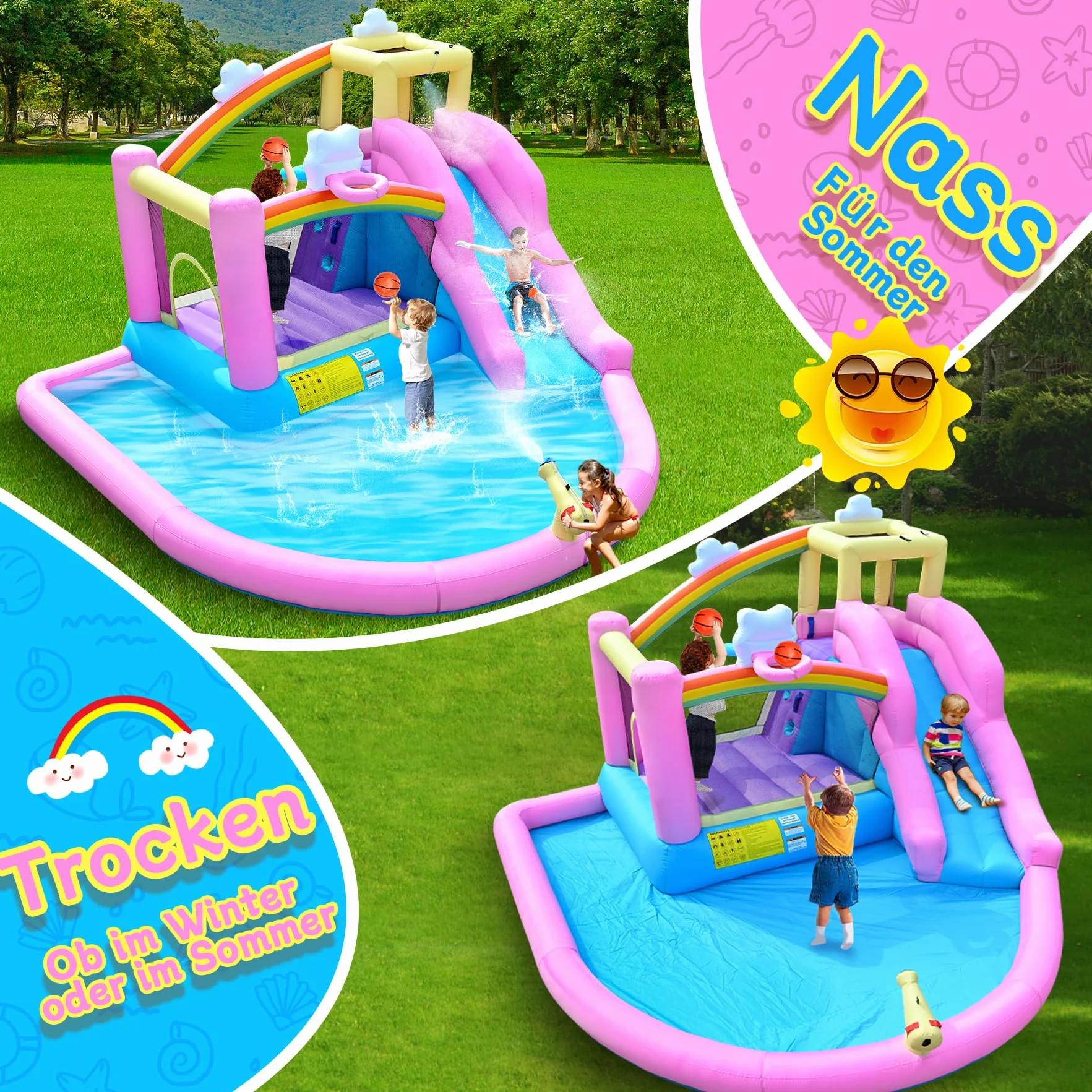 Castillo hinchable hinchable con tobogán de agua, pared de escalada, canasta de baloncesto y piscina infantil, incluye soplador, exterior para niños, ideal para jardín, 365 x 390 x 238 cm