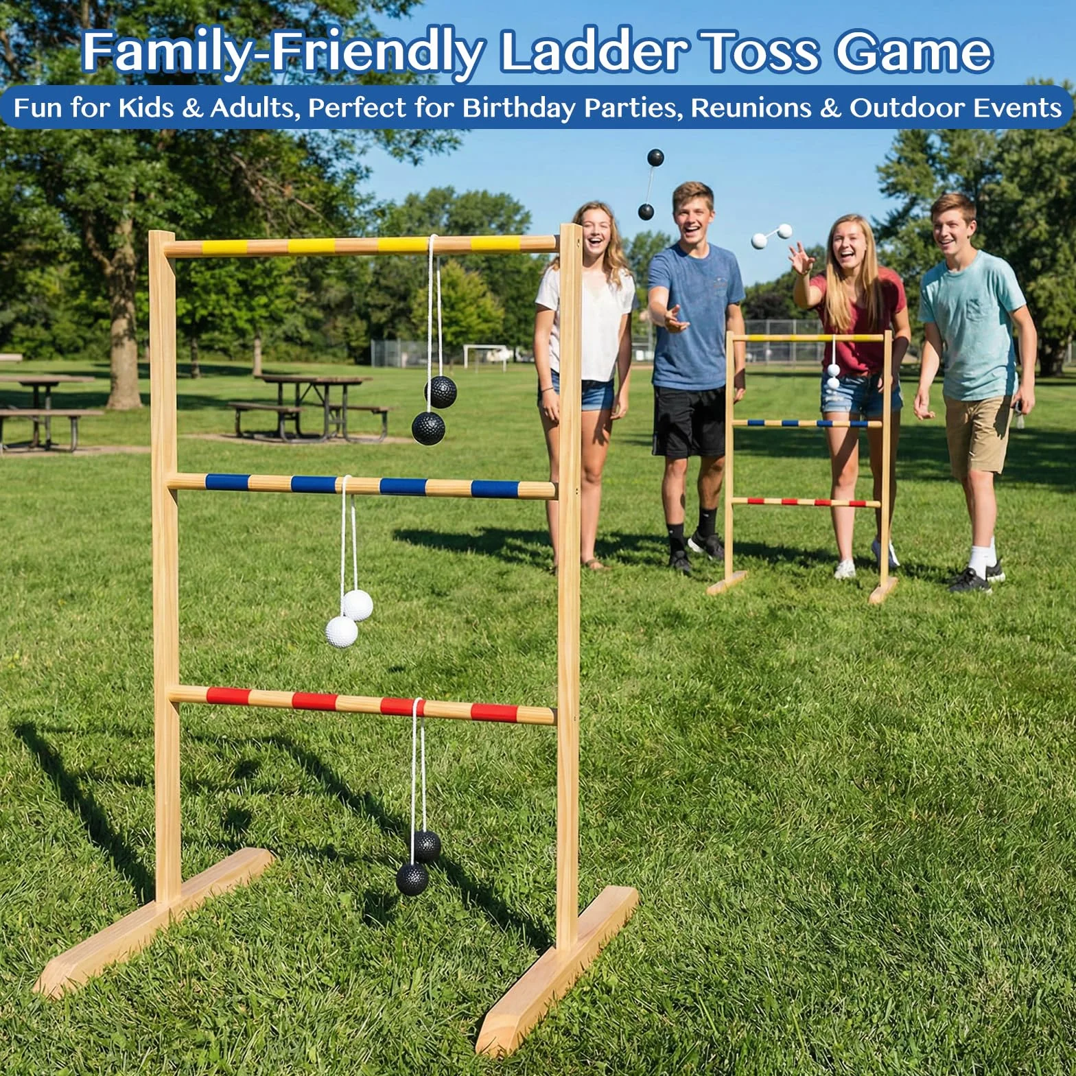 WOODENFUN Juego de escalera de golf de madera para exteriores con 9 bolas y bolsa, juego de interior y lanzamiento para adultos y niños a partir de 3 años, 90 x 62 x 58 cm
