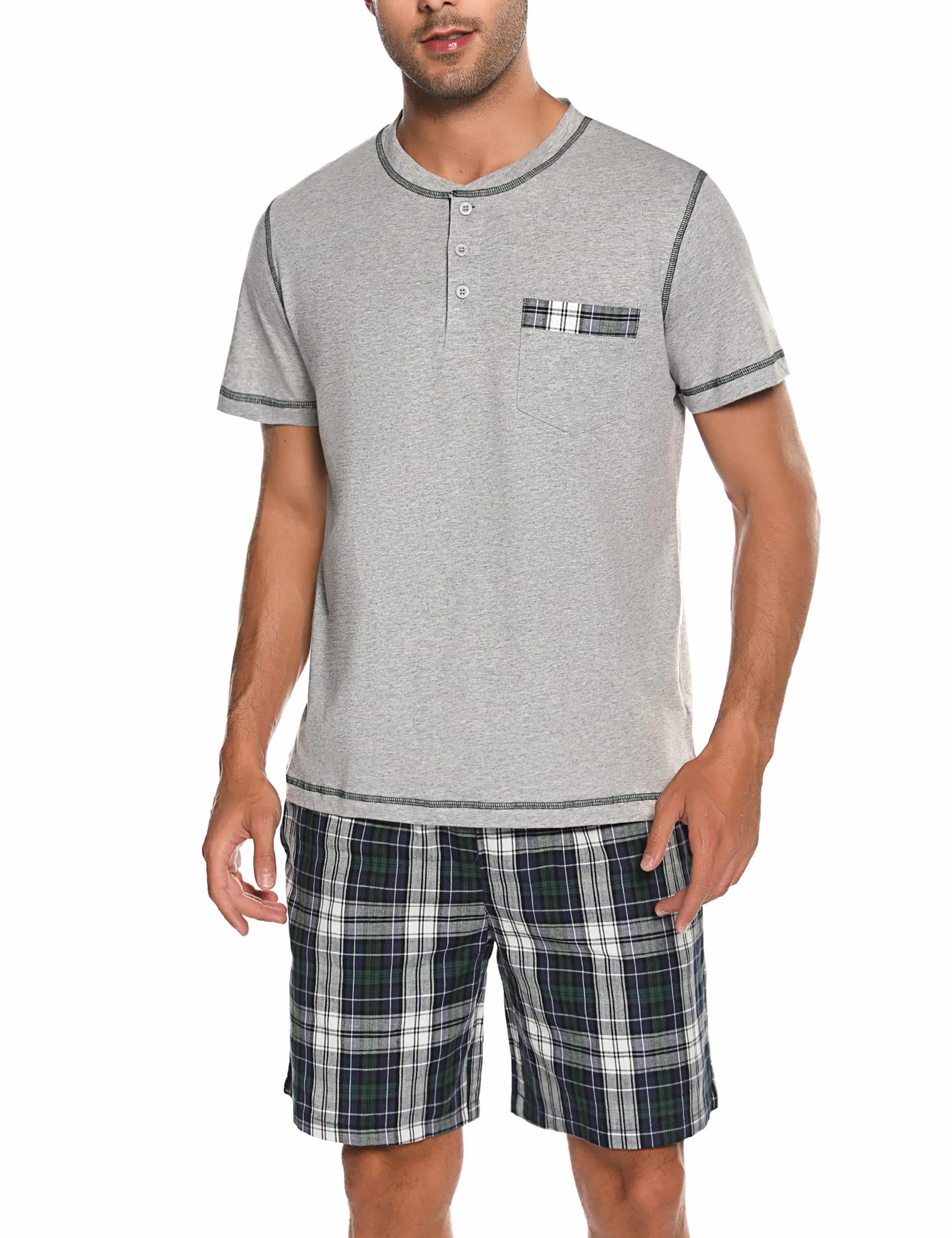 Litherday Pijama Hombre Algodón Manga Corta Cuadros Conjunto 2 Piezas S-XXL