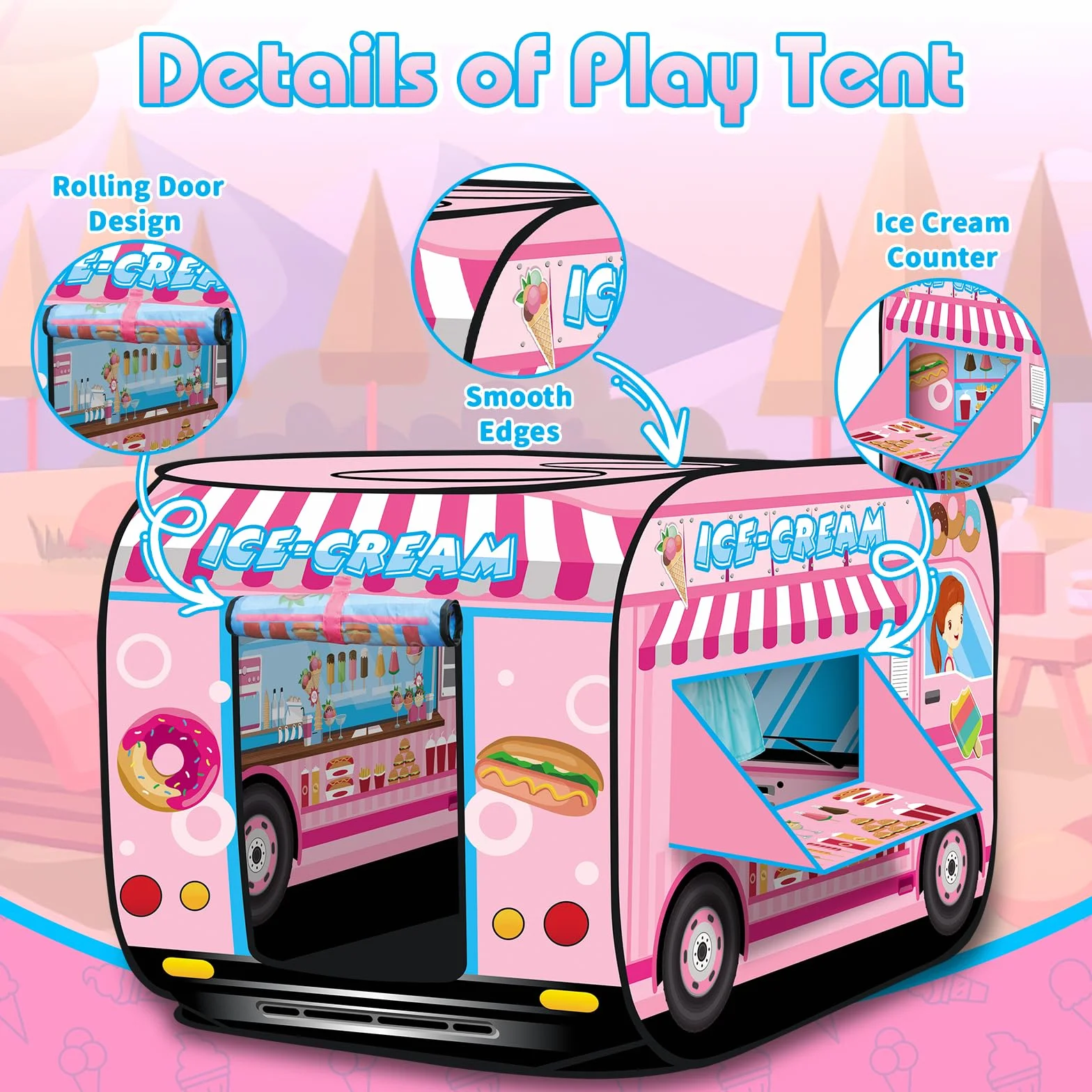 deAO Casita de Juegos Carpa Infantil Tienda con Diseño Pop Up Auto Armable Montaje Rápido Actividades Recreativas al Interior Exterior Área de Recreo (Heladería, Camión de los Helados)