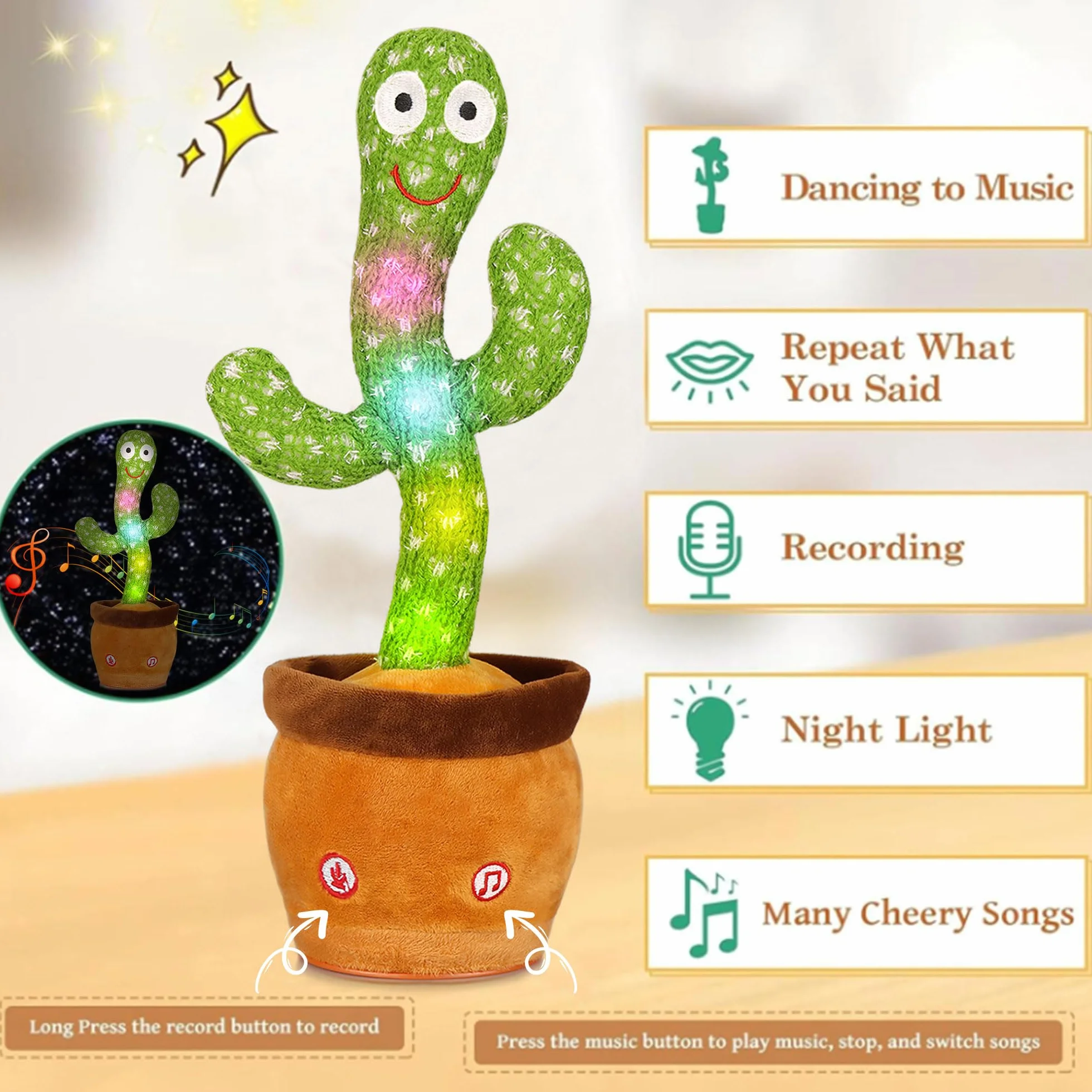 Cactus Bailarín | Interactivo Que Baila y Habla en Español | Peluche con Luces y Música Que Repite tu Voz | Regalo Original para Cumpleaños de Niños