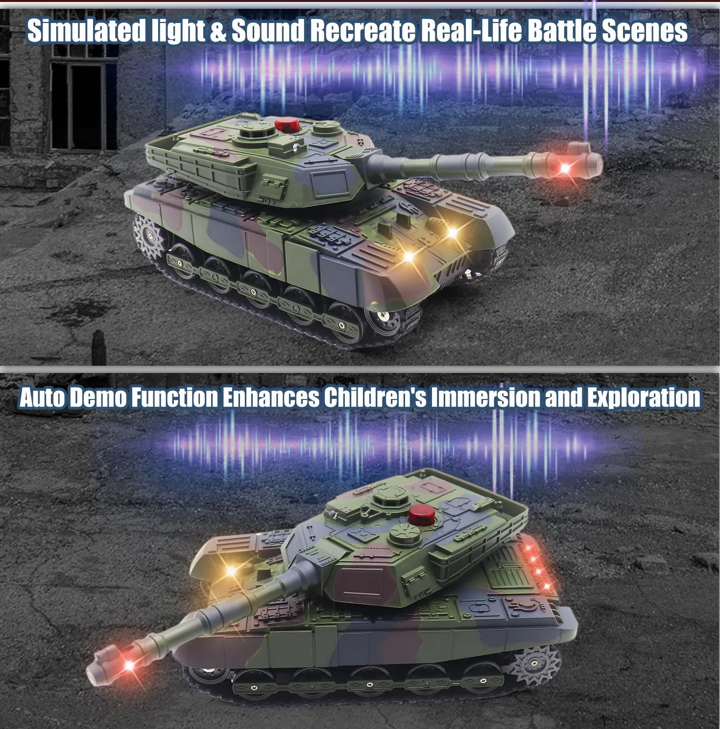 Tanque teledirigido con función de disparo por infrarrojos, 2,4 GHz, tanque de combate, juguete con torre giratoria de 360°, luz de sonido para demostración del coche, modelo de vehículo militar