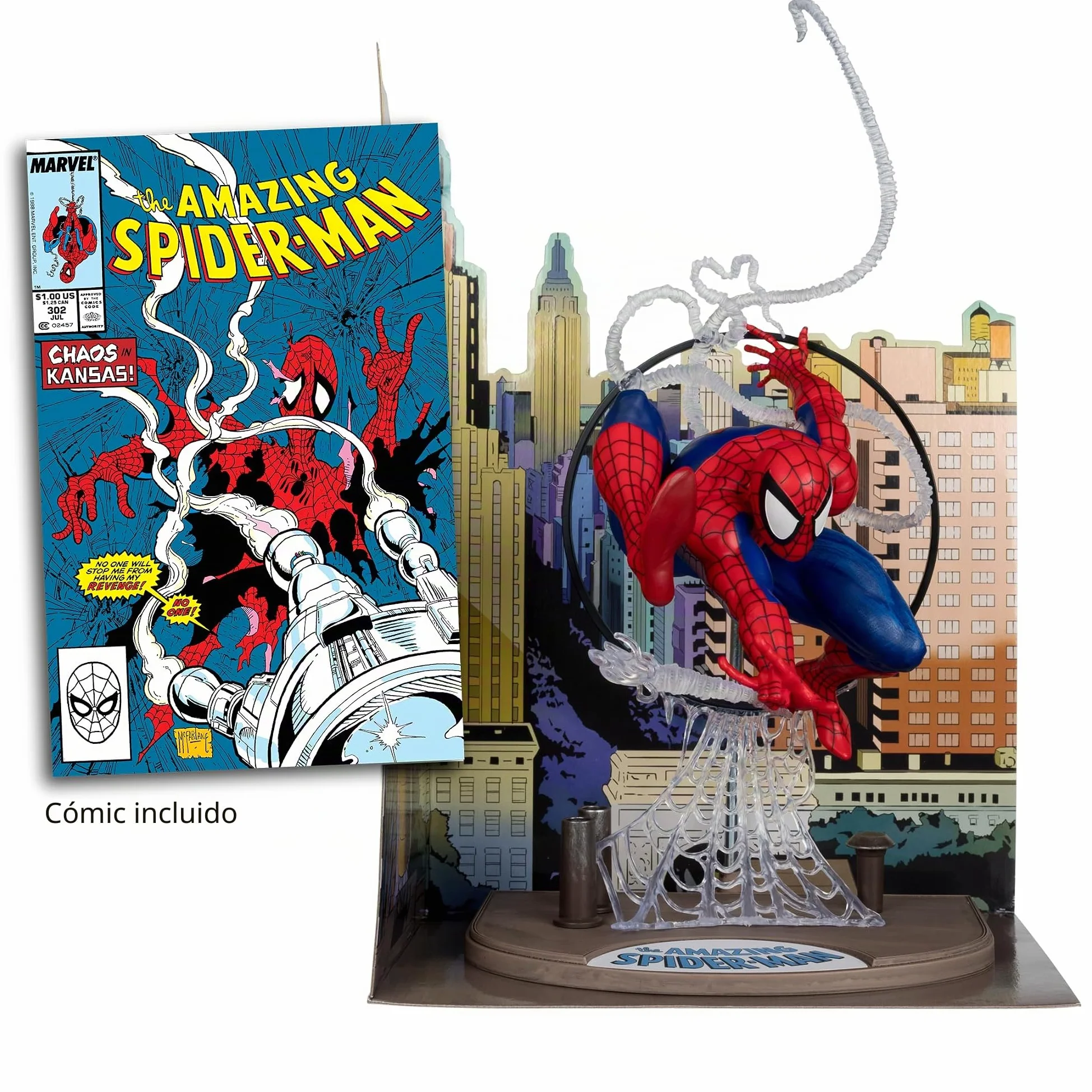 McFarlane Marvel Spider-Man Figura Posada a Escala 1:6 con Escena y cómic (basado en The Amazing Spider-Man #301) Juguetes | Escena de telón de fondo, cómic