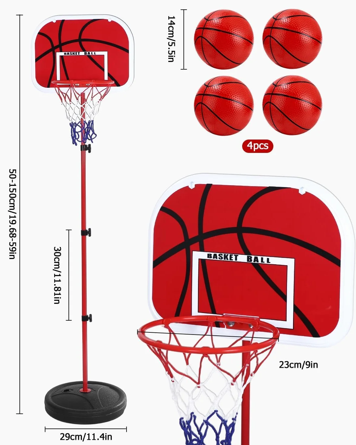 50-150cm Canasta Baloncesto Infantil, Mini Canasta Baloncesto Habitacion con 4 Pelotas De Daloncesto y Bomba, Ajustable Aro De para Interior y Exterior,Mini Juguetes Deportivos