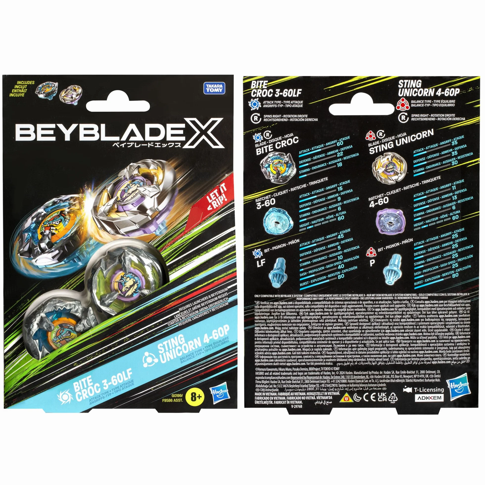 Beyblade X, Bite Croc 3-60LF y Sting Unicorn 4-60P, Pack Doble