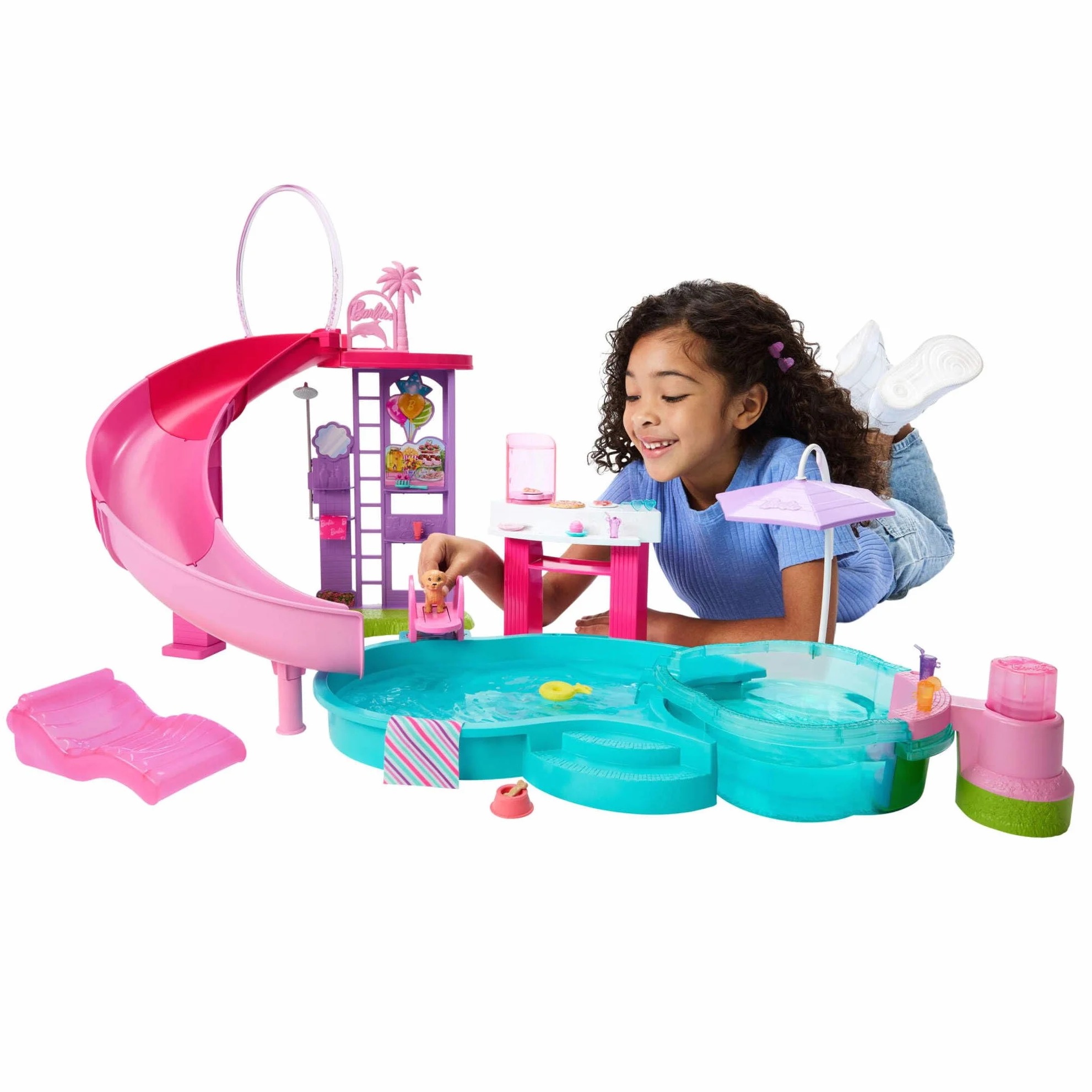Barbie Piscina de ensueño Conjunto de Juego con 6 Zonas de Juego, Incluyendo un Jacuzzi con tobogán y Burbujas, además de más de 20 Accesorios como Mascotas, flotadores y Mucho más, JKG83