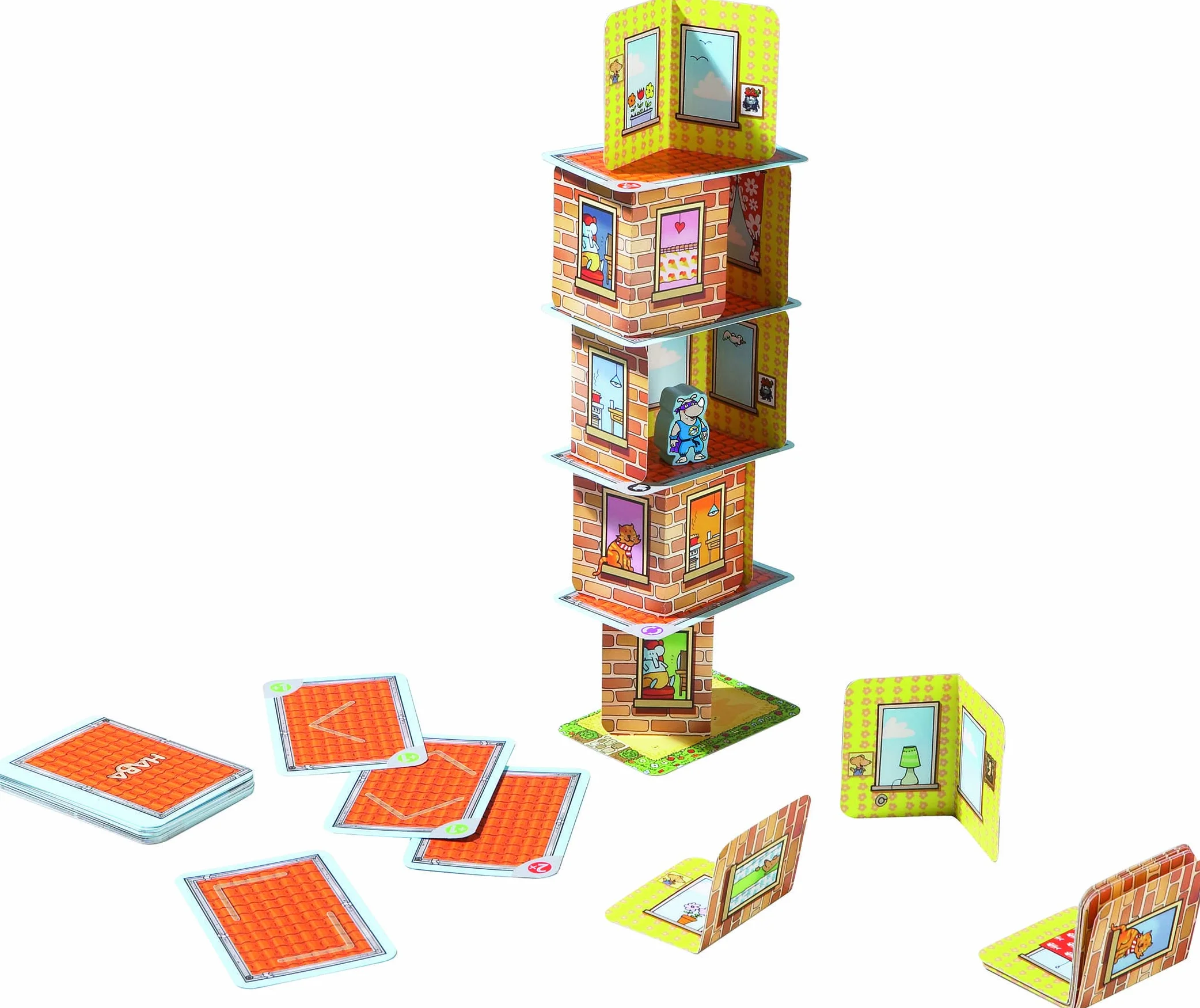 HABA Rhino Hero apilamiento en 3D, Mesa Infantil de 2 a 5 Jugadores, 5 años o más, Juego de acción para Toda la Familia, tamaño pequeño, Multicolor (302203)