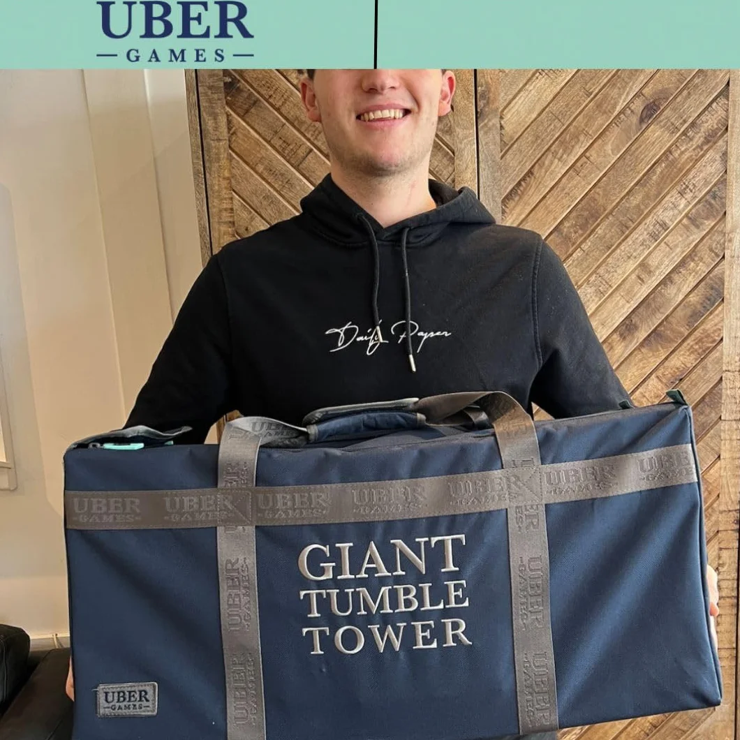 Ubergames Torre gigante tambaleante de hasta 160+ cm XXL Jumbo Hi-Tower en bolsa – 1,6 m (máximo en el juego). Juego de torre de madera de pino macizo - Bloques extra de lujo y bolsa (hasta 160+ cm)