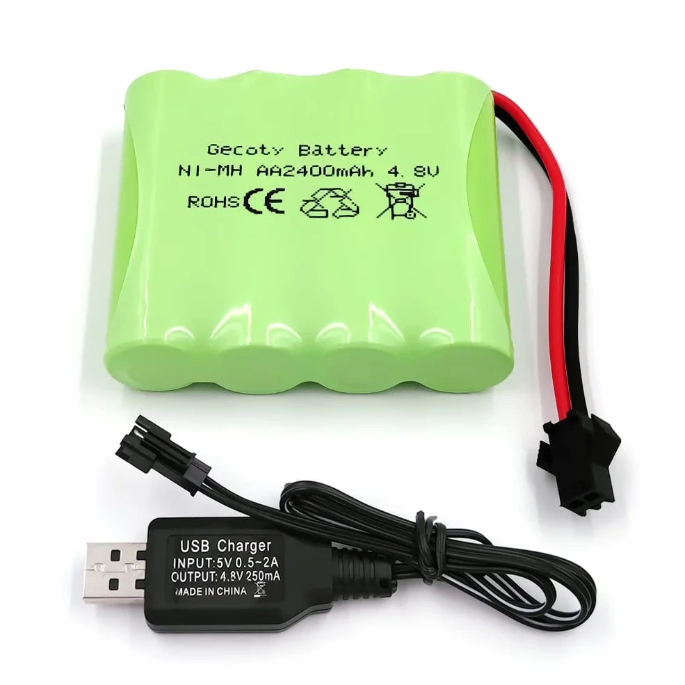 Batería Recargable NiMH AA, Batería 4.8V 2400mAh RC con Cable de Carga USB para Juguetes de Control Remoto,vehículos Todoterreno y vehículos de Escalada