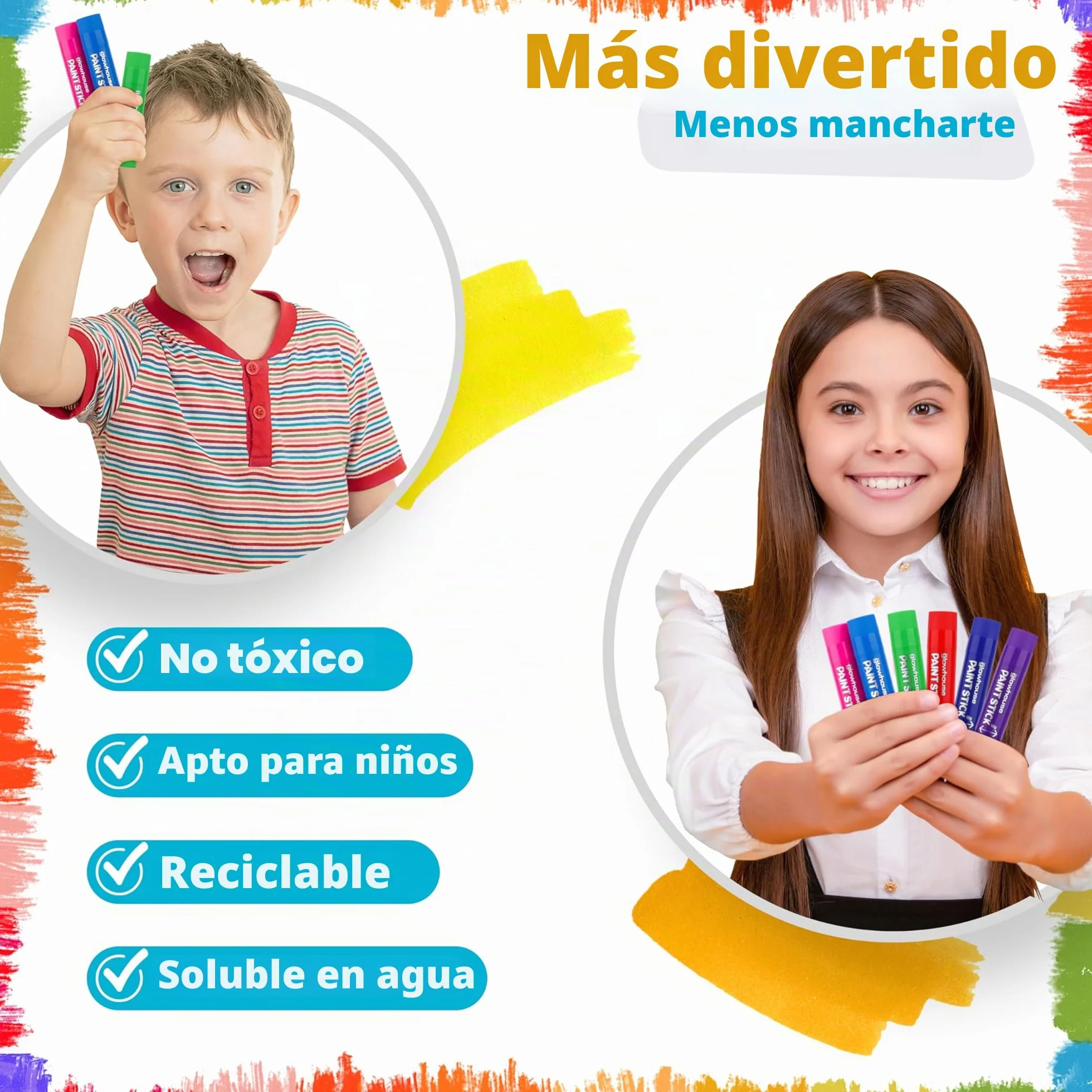 The Glowhouse Barras de pintura Tempera de colores clásicos, 12 unidades, no tóxicas, lavables, sin manchas, multicolor, para niños, paquete de 12, perfectas para proyectos de arte creativos