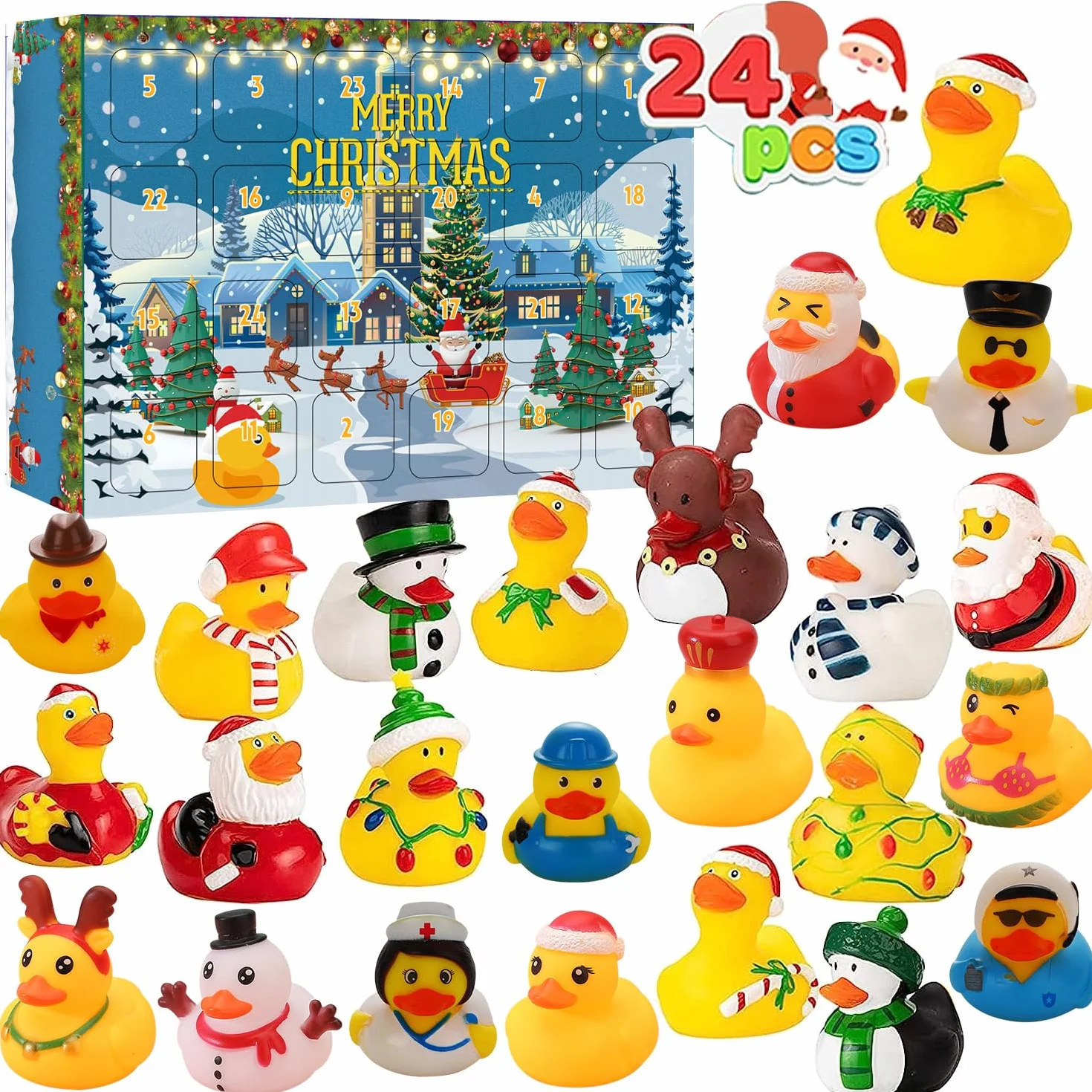 LATERN Calendario de Adviento 2025, Cuenta Regresiva Navideña de 24 Días con 24 Patitos de Goma Divertidos Juguetes de Baño Duckie para Navidad Decoración Favor de Fiesta Regalos (32 x 22cm)
