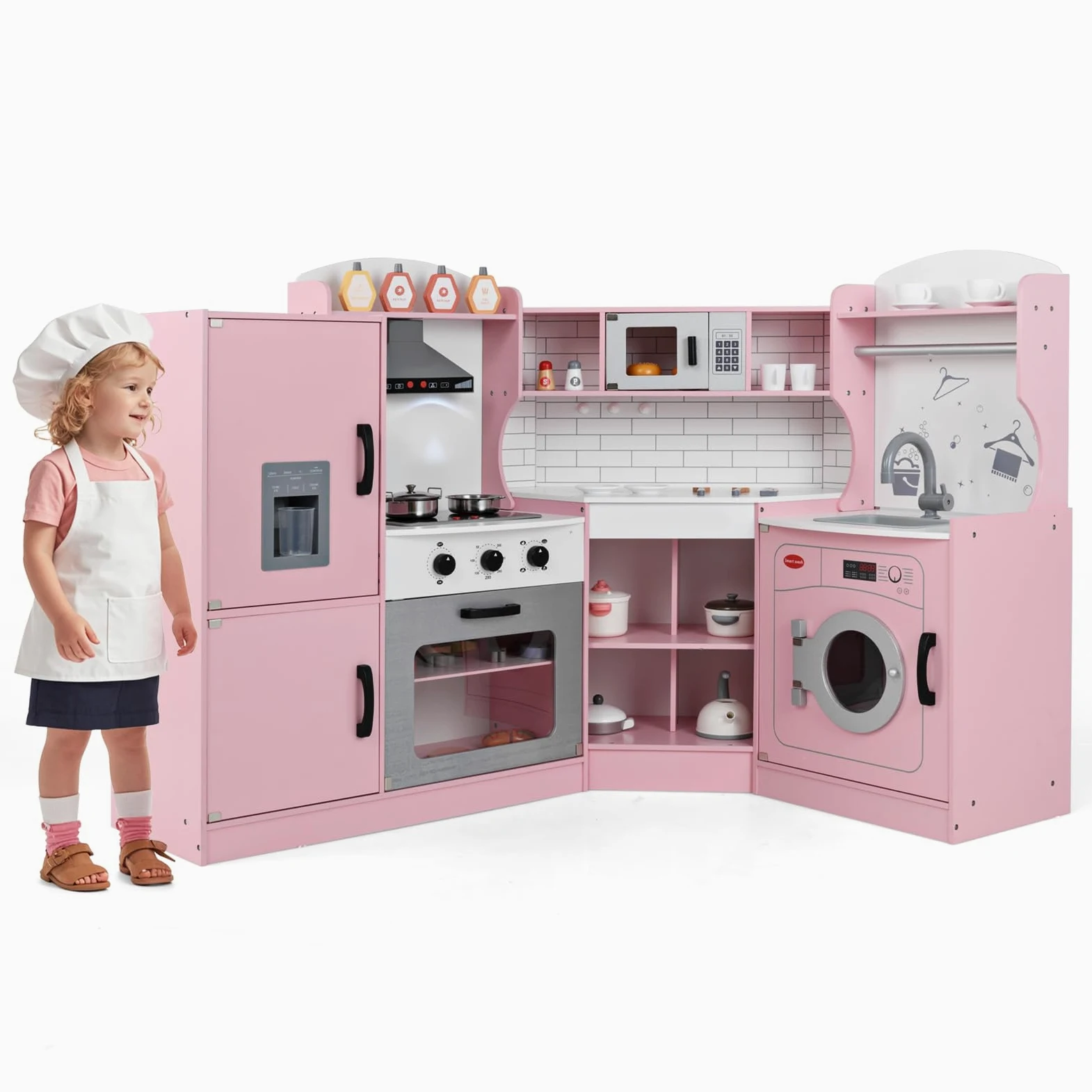 GOPLUS Cocina de Juguete de Esquina para Niños, Cocinita Infantil con Máquina de Hielo, Microondas, Estufa, Horno, Fregadero, Lavadora, con Luces y Sonidos para Niños Pequeños de 3-10 Años (Rosa)