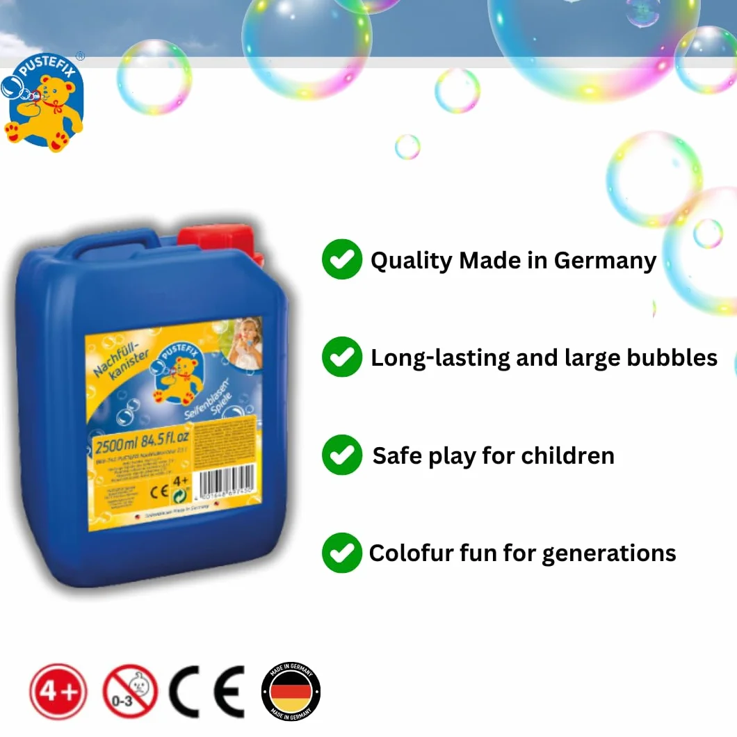 PUSTEFIX Bidón de Recarga I 2,5 l de líquido para Burbujas I Burbujas de Colores I Burbujas para Bodas, cumpleaños Infantiles, Festivales de Verano