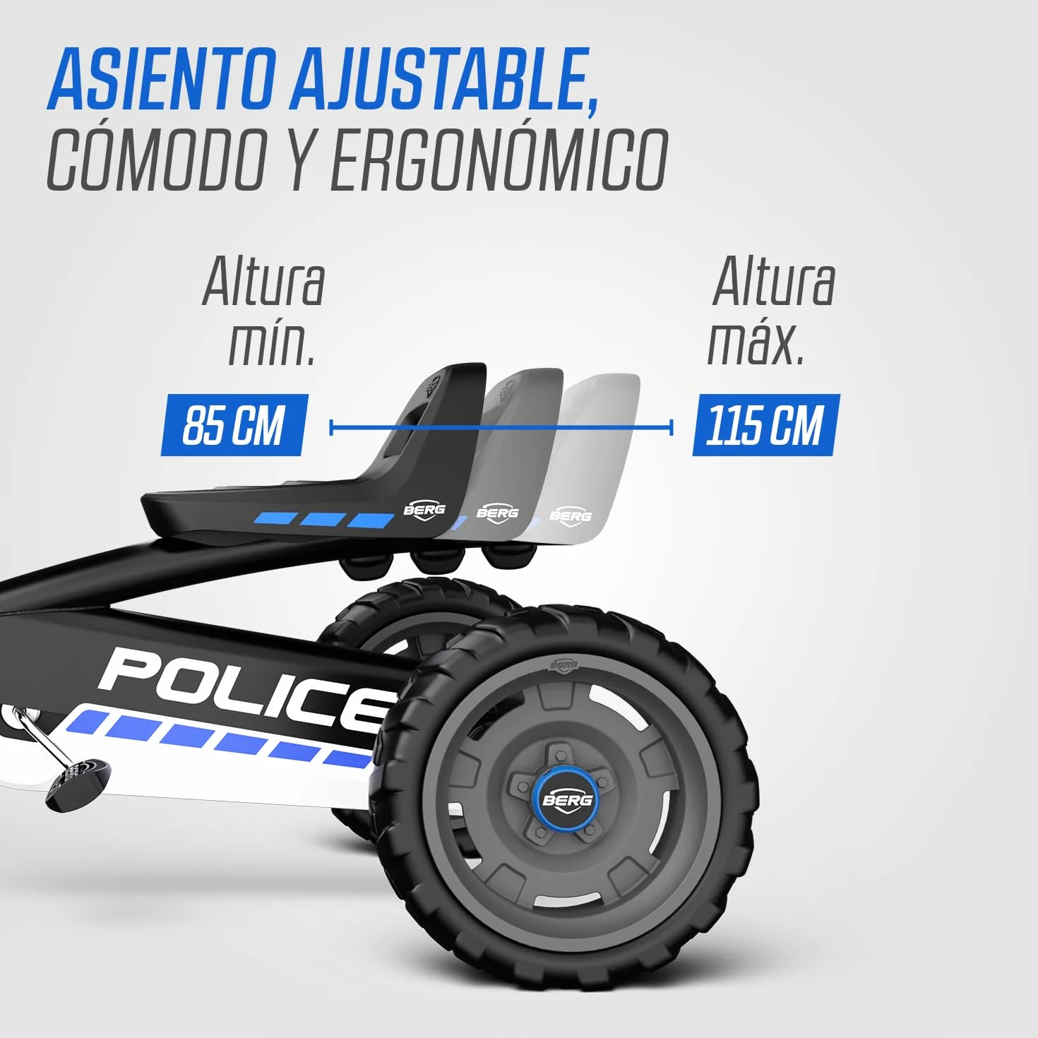 BERG Kart a Pedales Buzzy Police | 2-6 años, cuadro resistente, asiento regulable, volante regulable