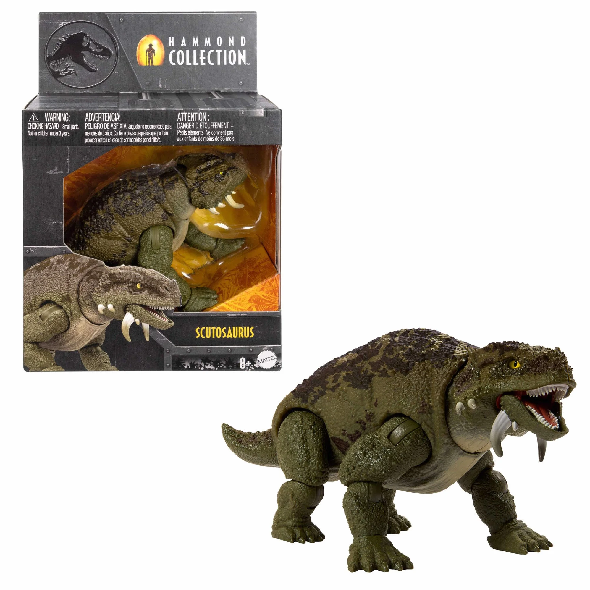 Mattel Jurassic World Colección Hammond Escutosaurio Figura de acción dinosaurio, ojos de cristal, 14 puntos articulación JDJ08