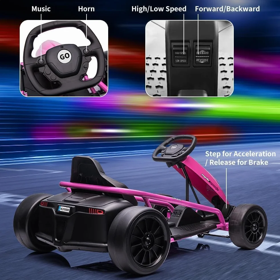 24V Go Kart Eléctrico de Derrape, Go Kart a Pedales para Niños con Motores Duales de 300W, Ruedas Delanteras: EVA; Ruedas Traseras: Nylon Drift, Máxima 13km/h, Estructura Metálica, Música y Altavoces