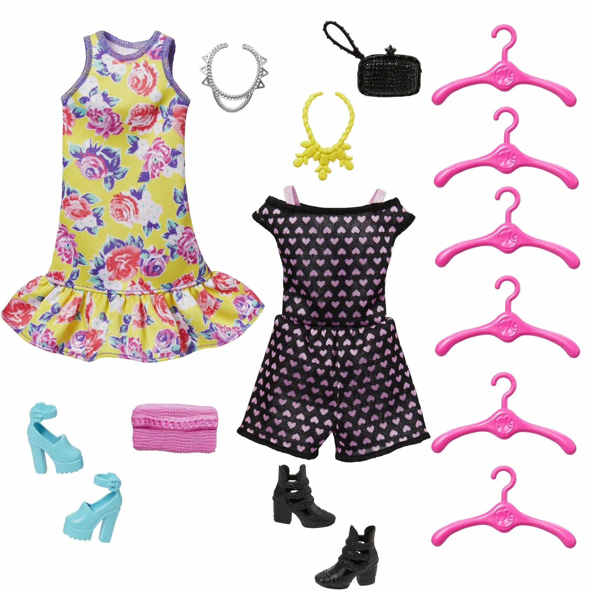Barbie Fashionista Armario portátil para Ropa de muñeca, Incluye 3 Looks completos, 6 Perchas y muñeca, Juguete +3 años (Mattel HJL66)