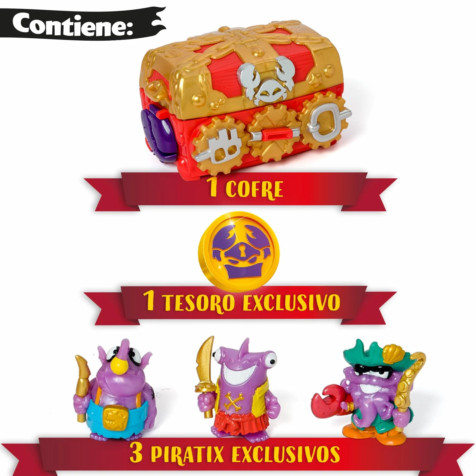 PIRATIX ADVENTURE WORLD Monster Treasure – Cofre del tesoro con un monstruo escondido en su interior. Incluye 1 cofre, 3 Piratix exclusivos, 1 tesoro exclusivo y 3 accesorios