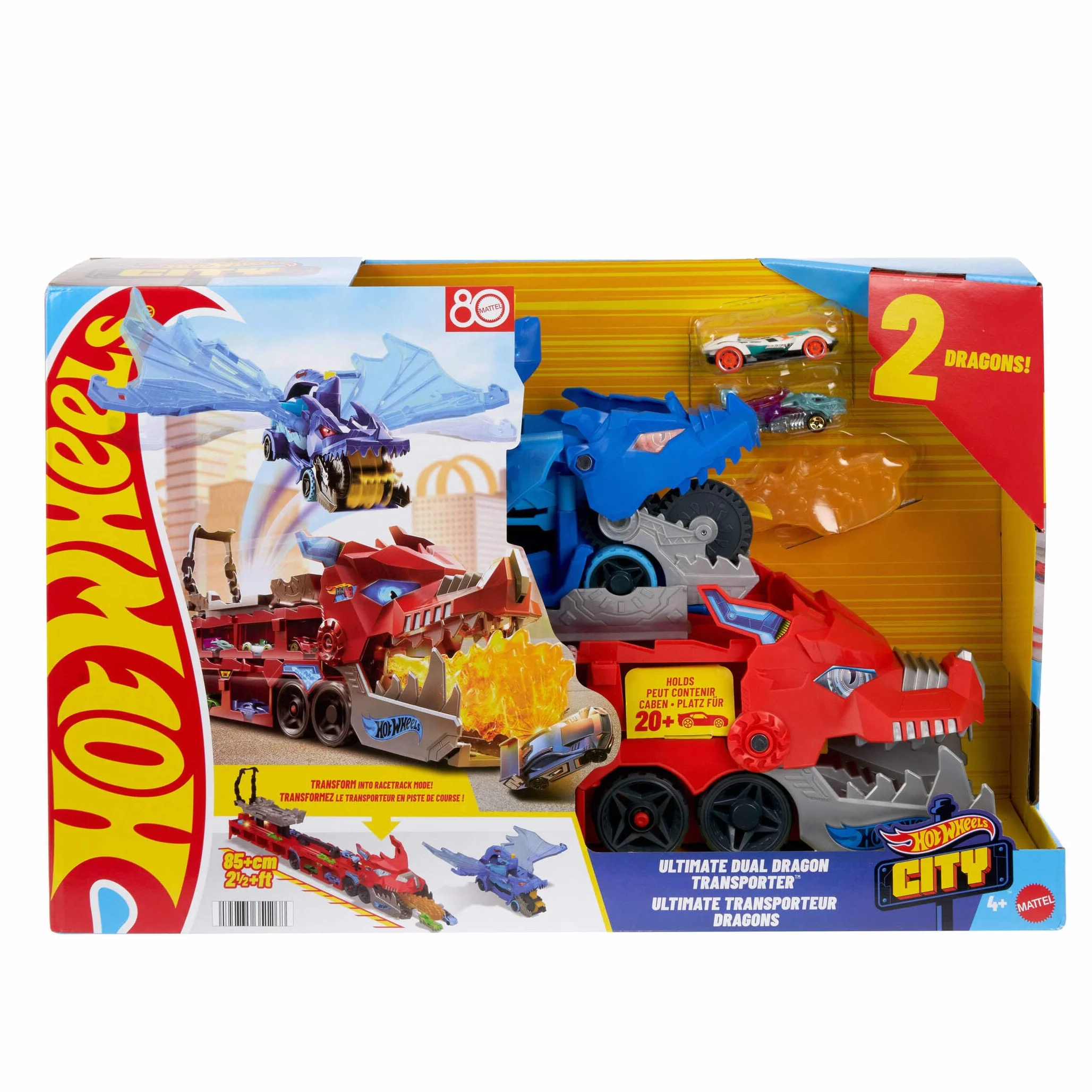 Hot Wheels City Dragón transportador con Ataque Doble definitivo Conjunto de Pista de Coches de Juguete con 2 Coches metálicos, dragón a Gran Escala y Desmontable, Capacidad más 20 vehículos, JKJ79