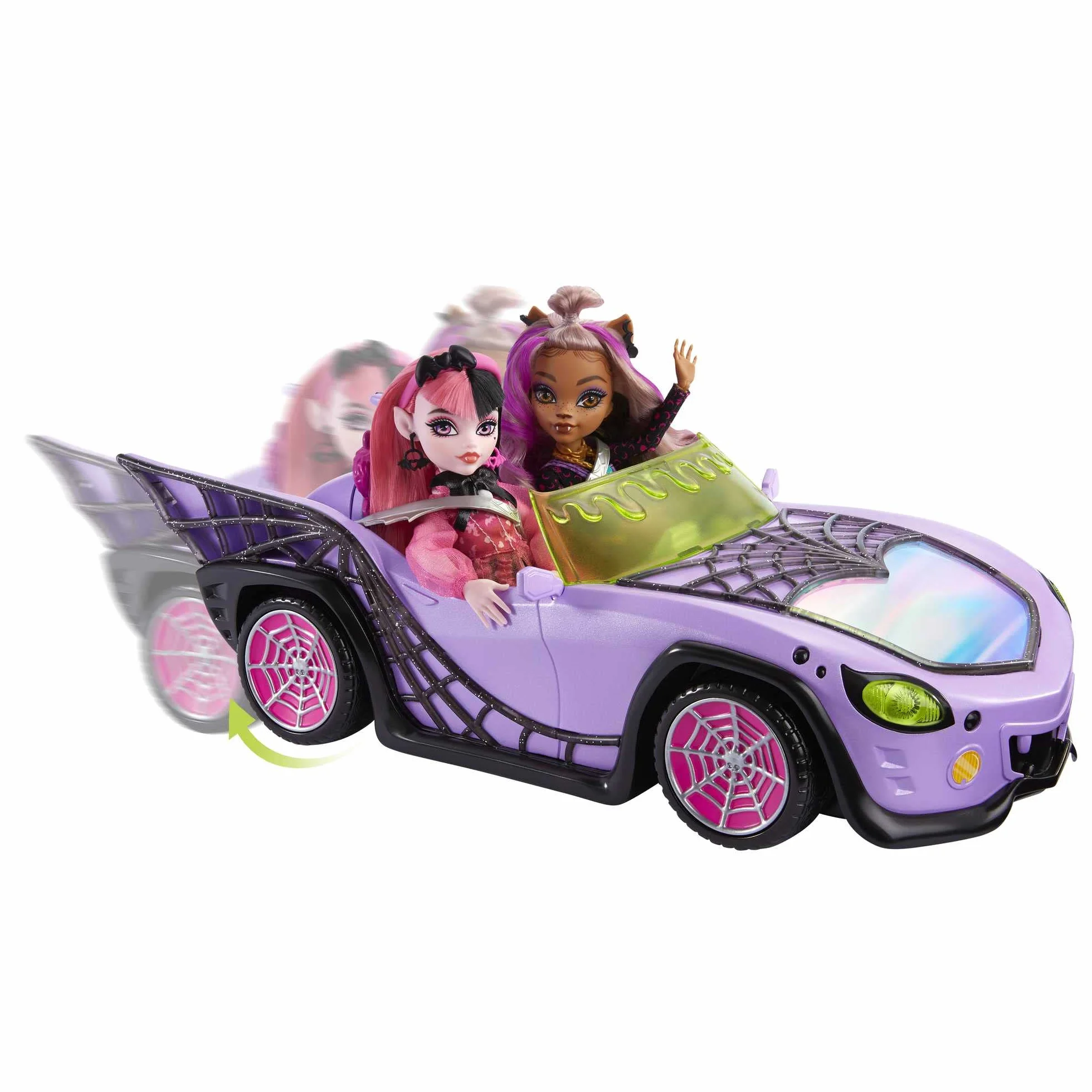 Monster High Coche de juguete, móvil Ghoul con accesorios para mascotas y refrigeradores, convertible morado con detalles de telaraña, HHK63