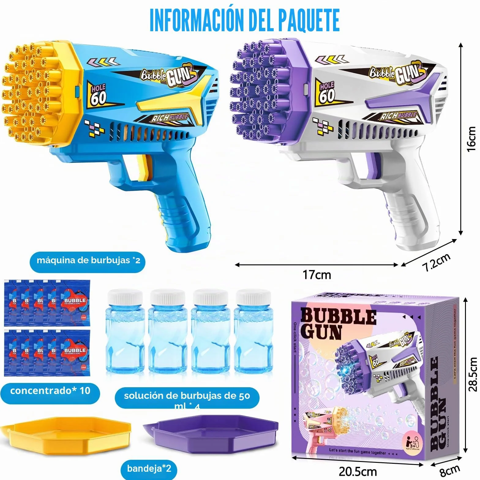 Pistola de Burbujas, 2 Piezas Máquina Automática Pompas de Jabón, con 4 Botellas de solución, 10 Packs Solución de Recarga de Burbujas, para Niños, Adultos, Juguete de Verano