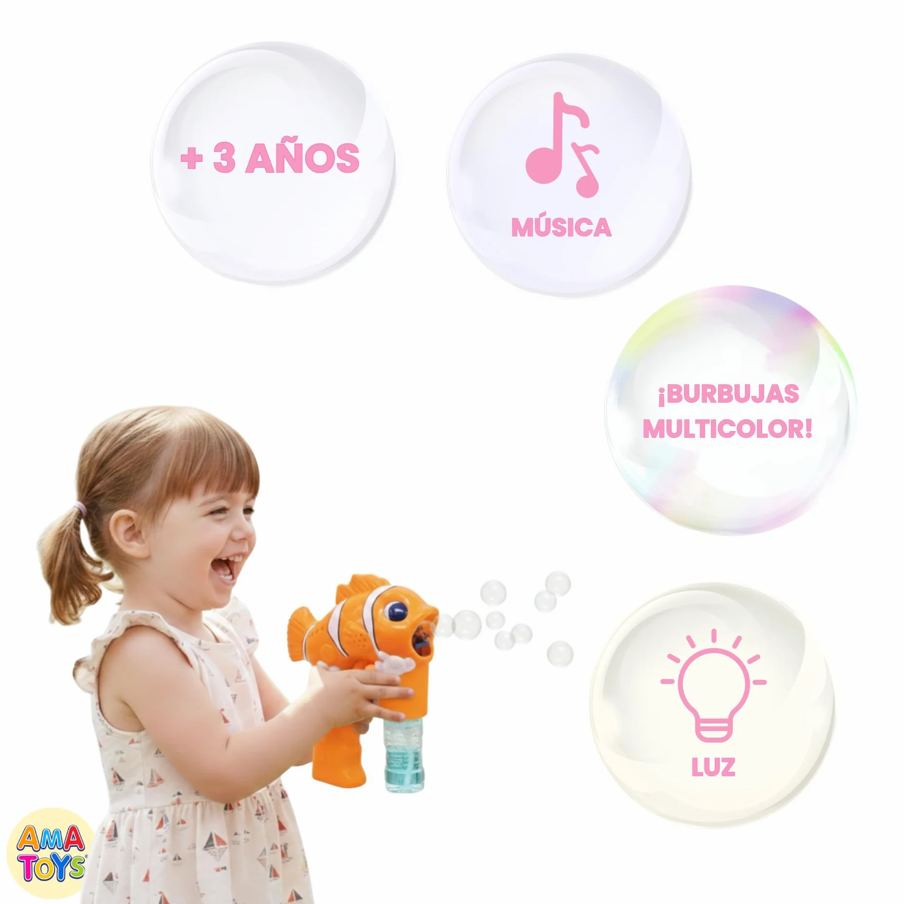 Pistola de Burbujas - Set de 3 - AMATOYS - Máquina de Pompas Automática con Luces - Forma de Animales - Pomperos para Niños y Niñas - Juguete para Piscina y Verano (PEZ_Naranja)