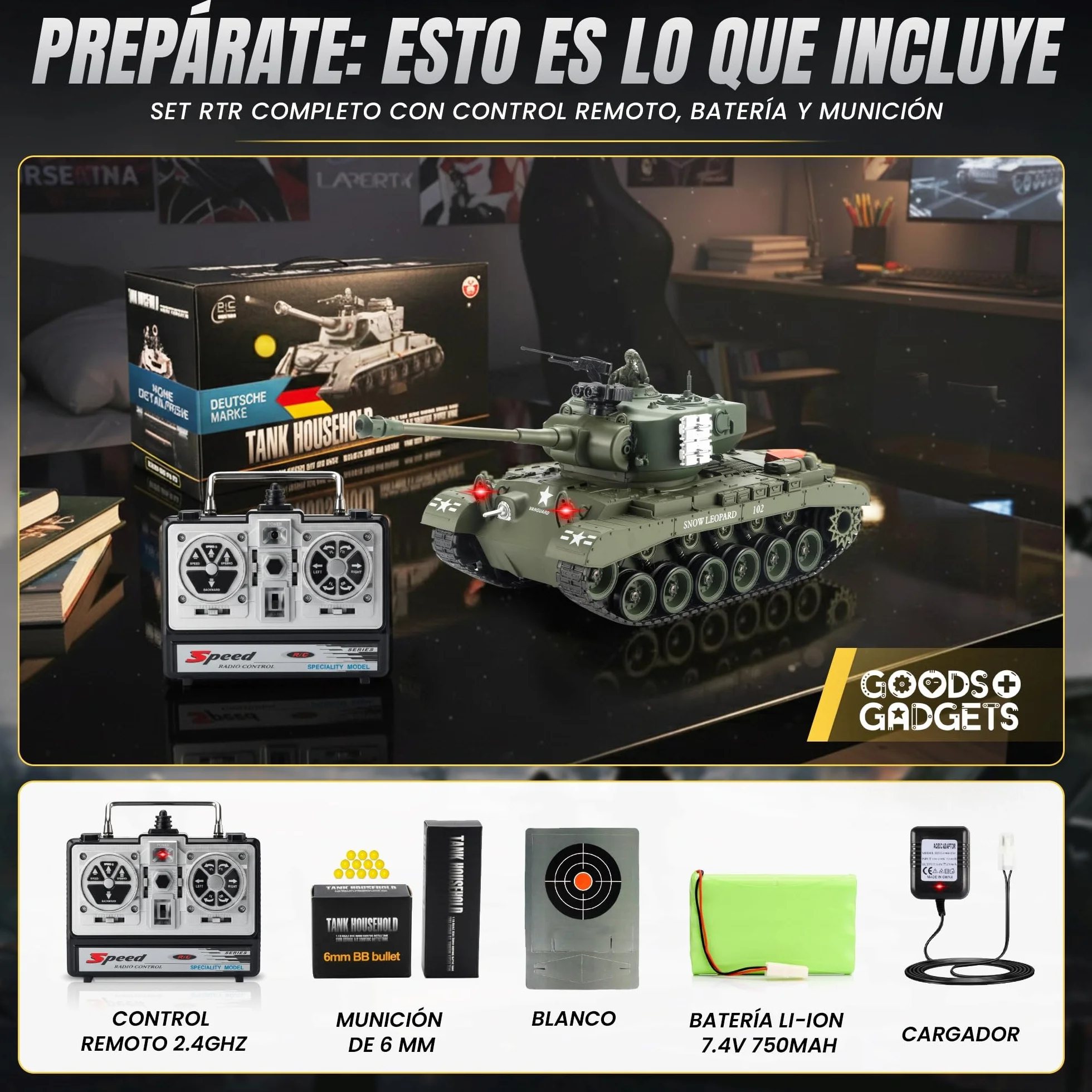GOODS+GADGETS Tanque RC Alemán Tiger I 2.4GHz R/C Modelo a Escala 1:16 con función de Disparo, Sonido - RTR (Pershing Snow Leopard)