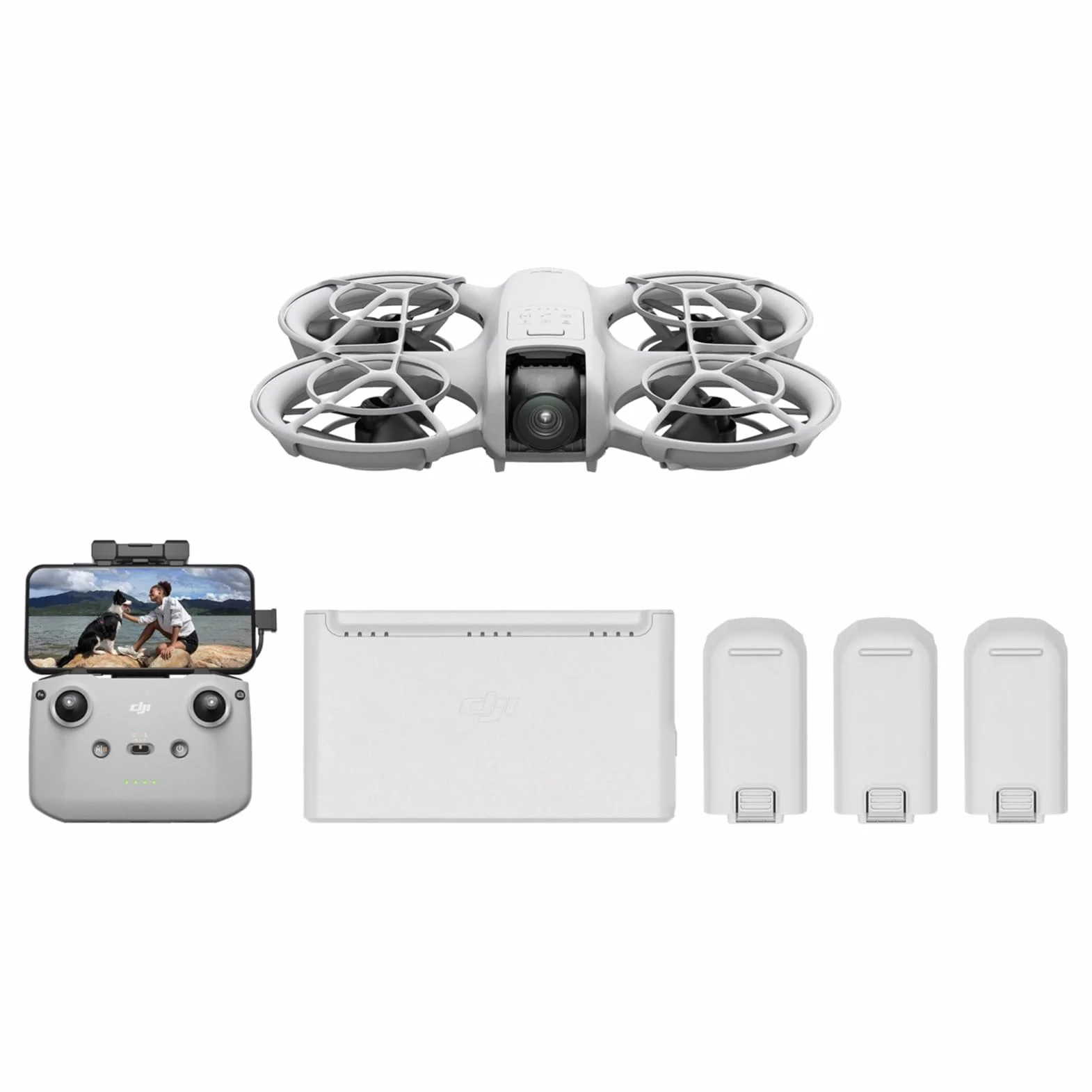 DJI Pack Neo Vuela Más, dron mini con cámara 4K UHD para adultos, 135 g dron que vuela siguiéndote,despega desde la mano,seguimiento de objetivos,QuickShots, vídeo estabilizado, con RC-N3 y 3 baterías