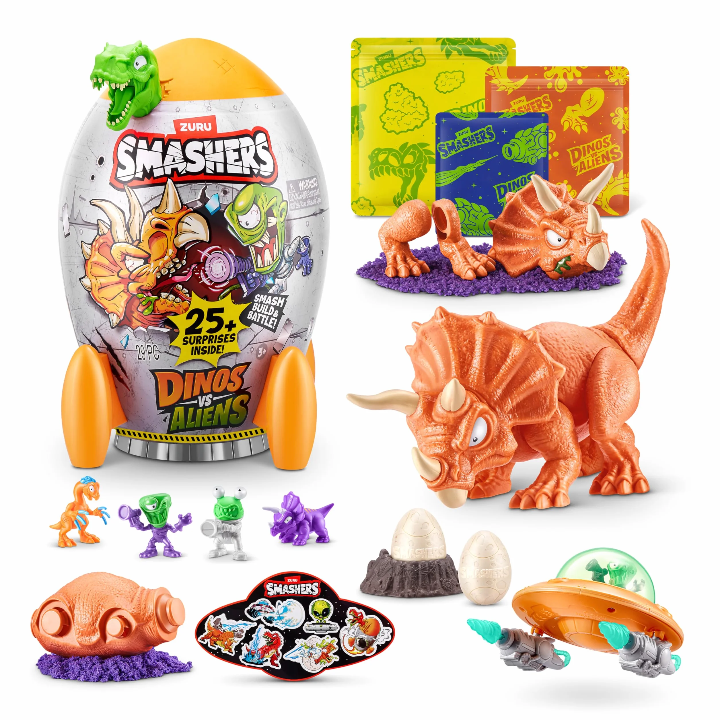 Smashers Dino vs Aliens Medium de ZURU, Huevo de Juguete aplastable para niños (Triceratops)